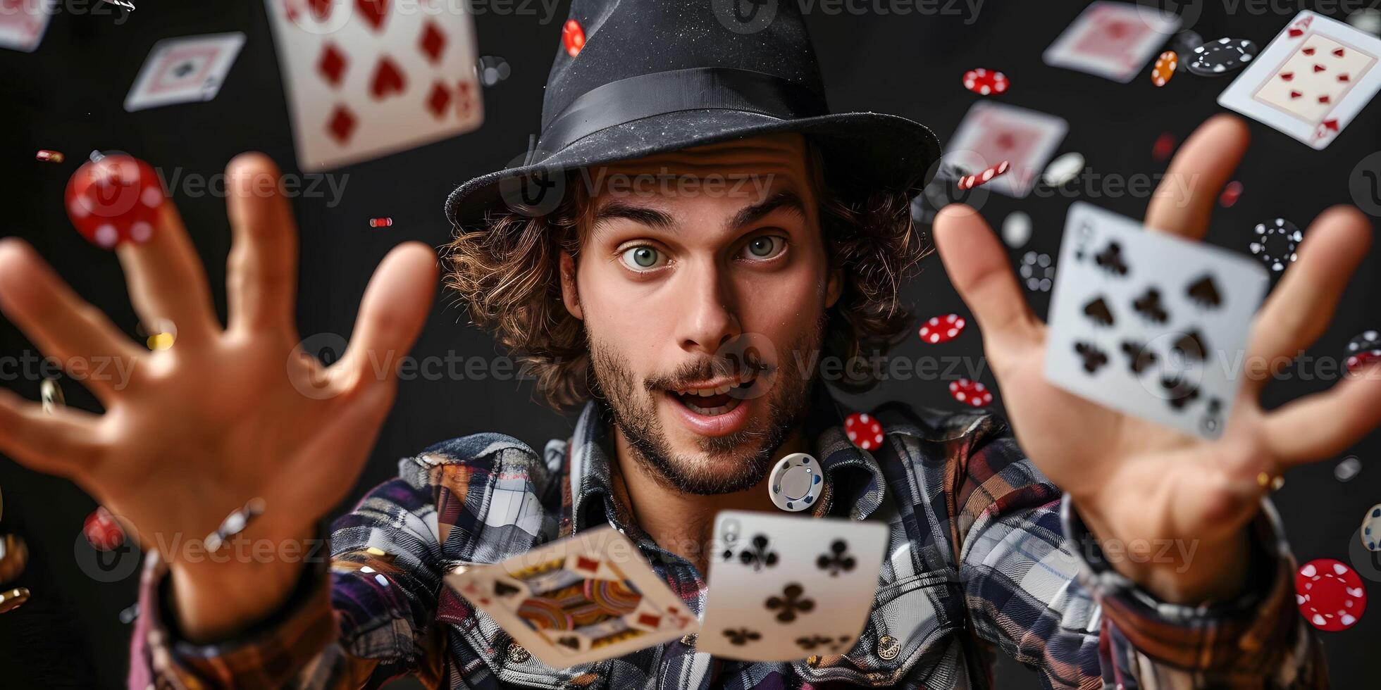 AI Generated Magician shows trick with playing cards. Sleight of hand. Manipulation with props. photo