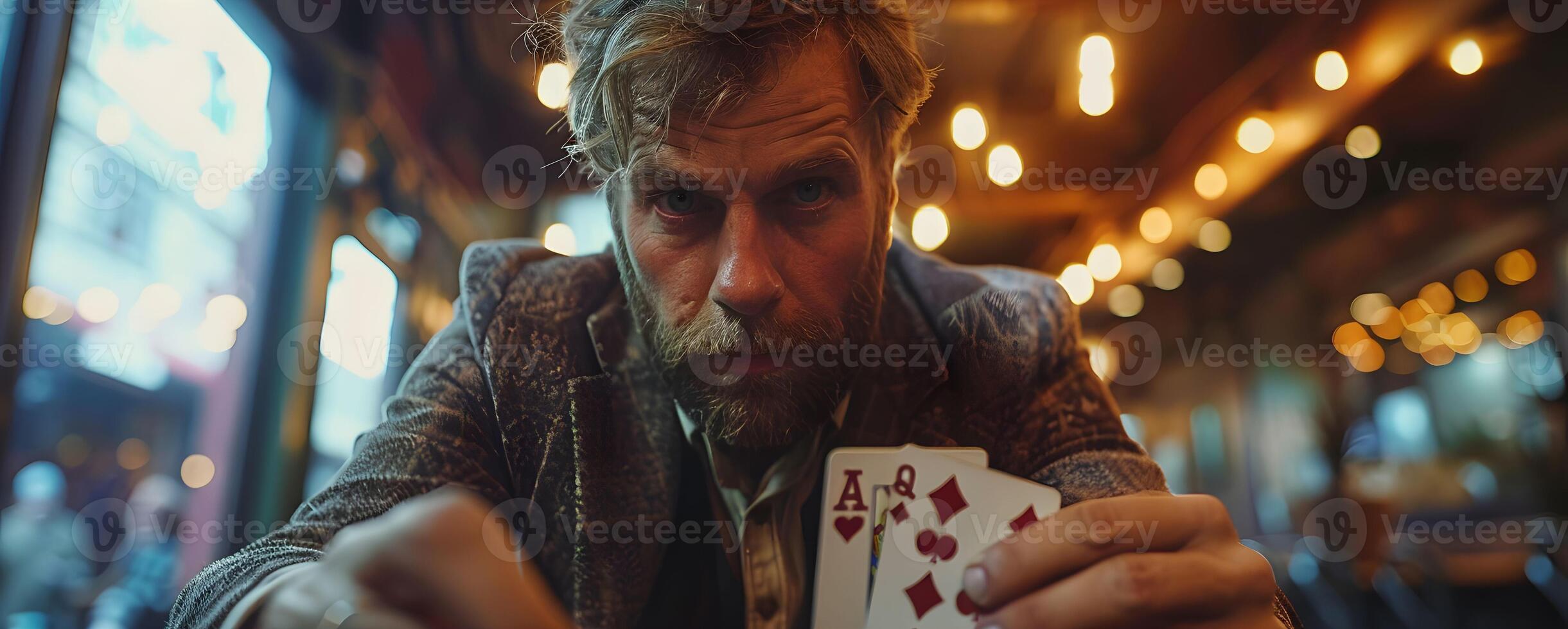 AI Generated Magician shows trick with playing cards. Sleight of hand. Manipulation with props. photo