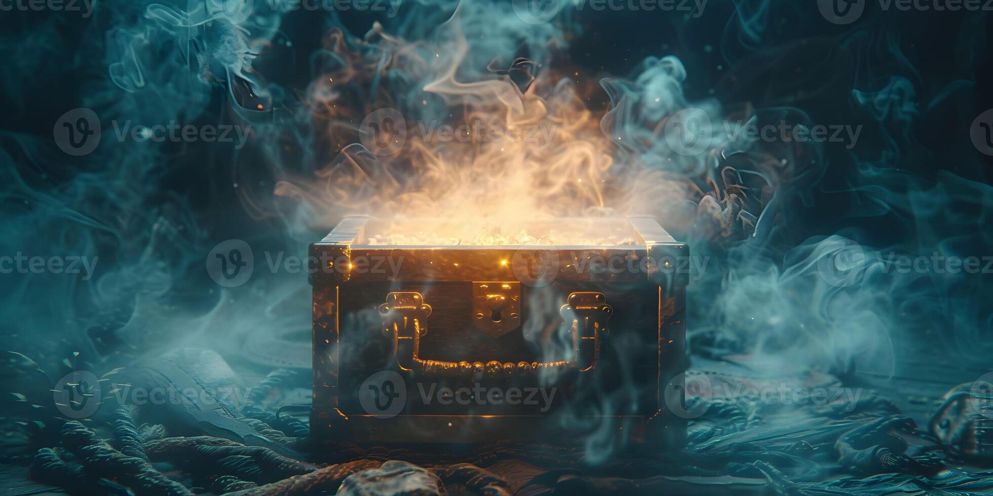 AI Generated open pandora's box with green smoke on a wooden background high contrast image photo