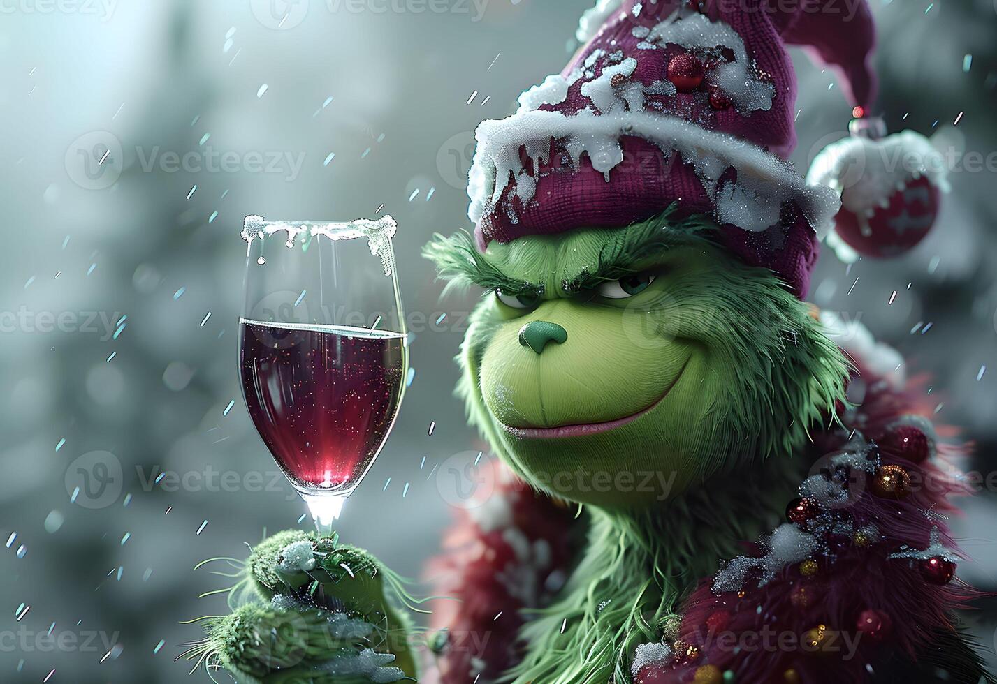 AI Generated  grinch is holding a wine photo