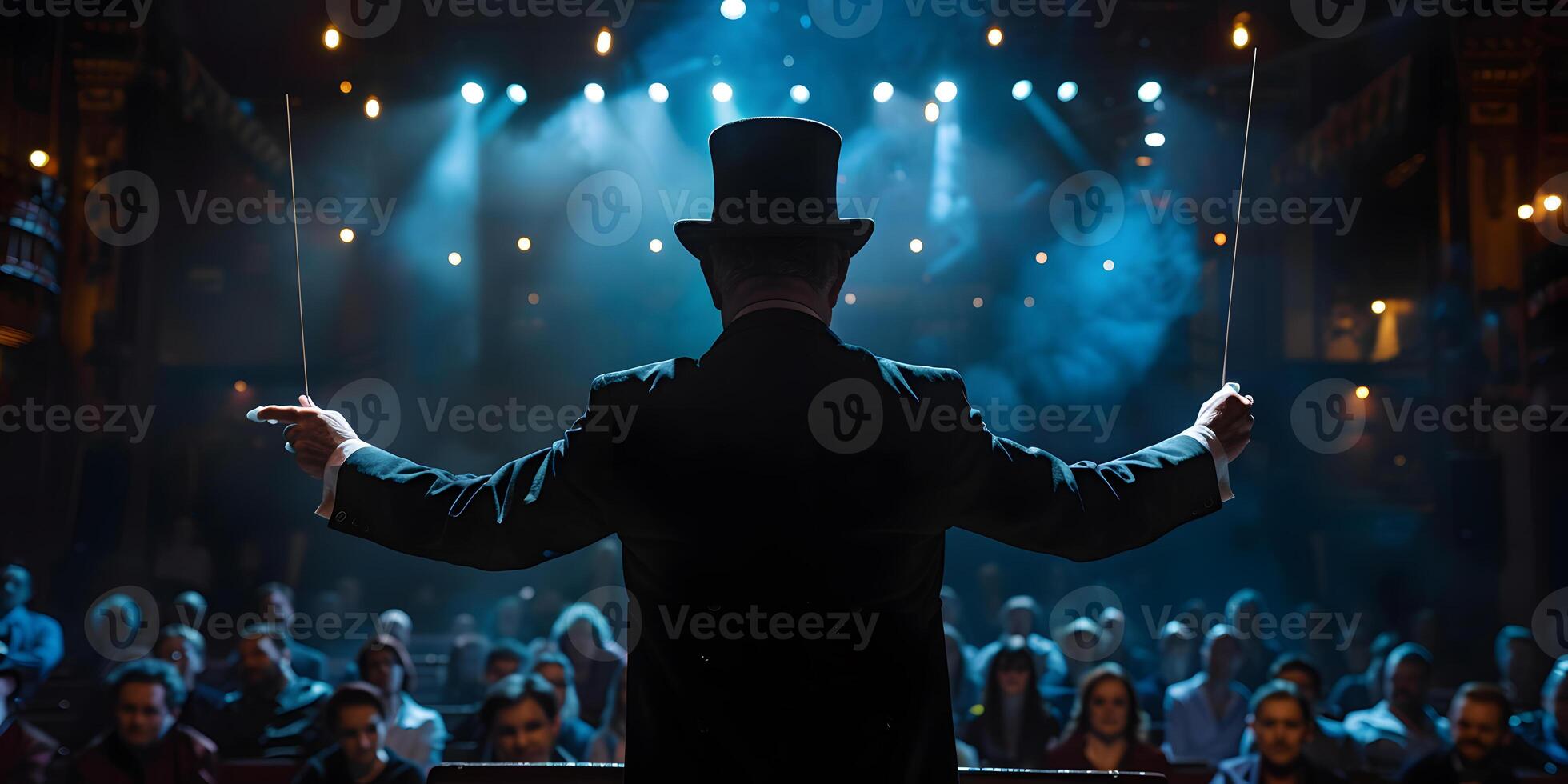 AI Generated Showman presents his show, spreading his hands to the sides. The guy in the purple camisole and the cylinder. Bright tailcoat, suit photo