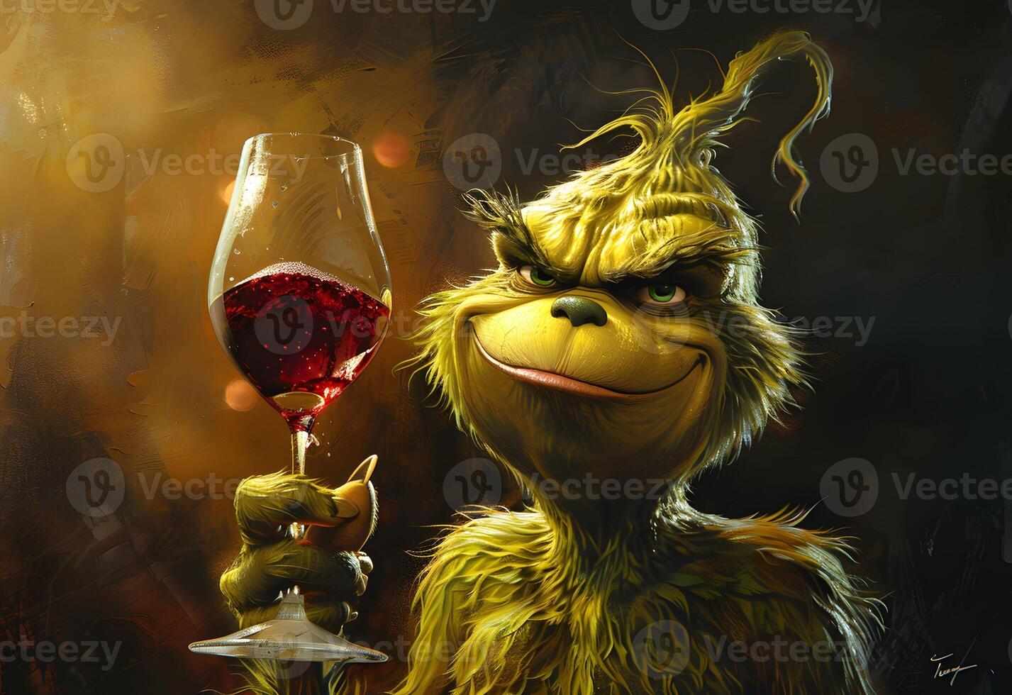 AI Generated  grinch is holding a wine photo