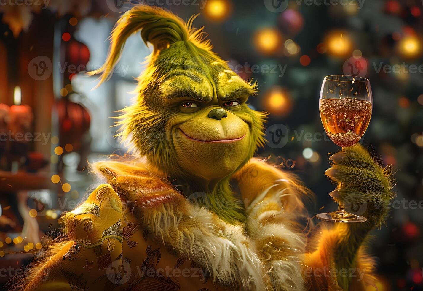 AI Generated  grinch is holding a wine photo