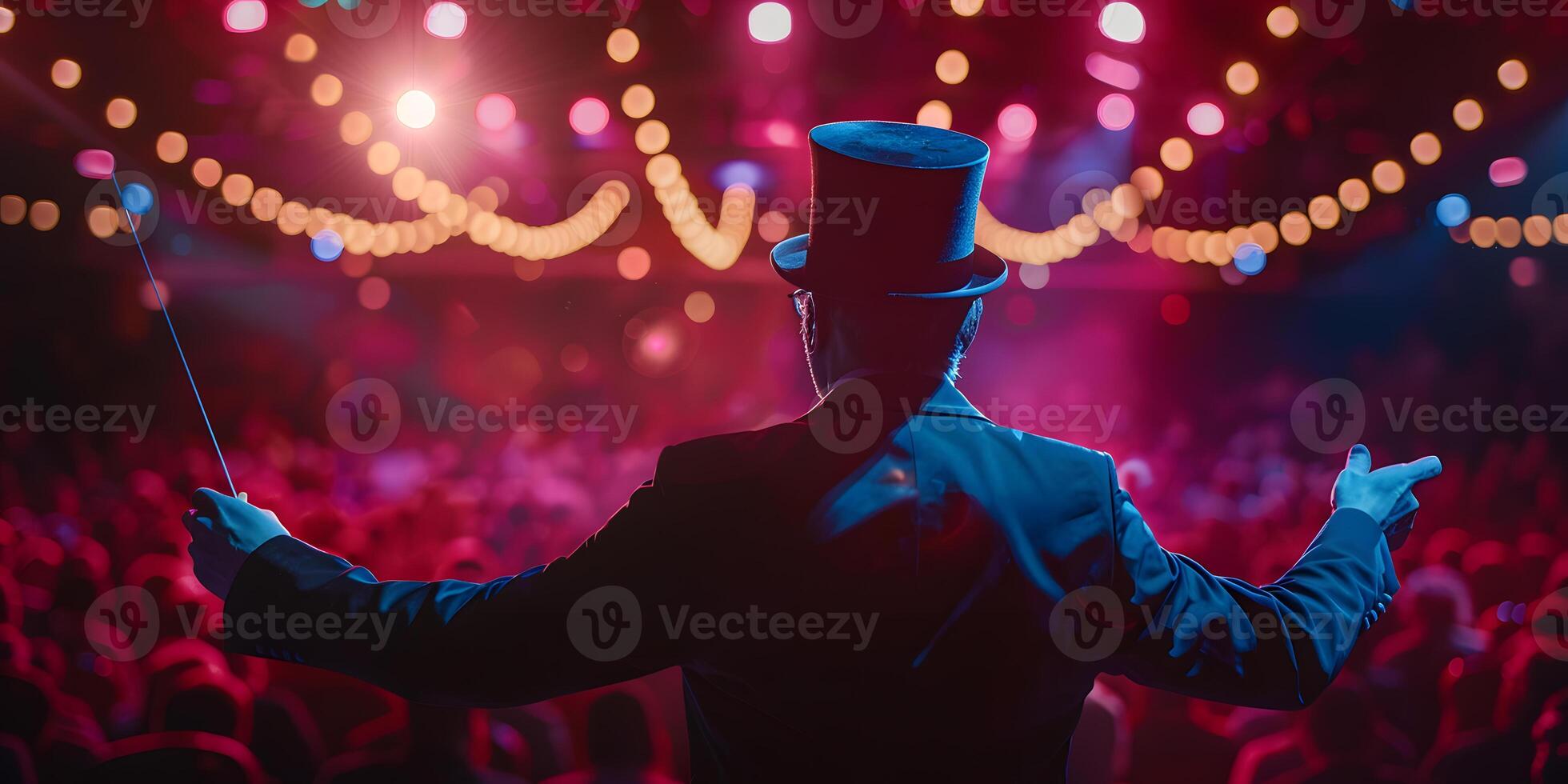 AI Generated Showman presents his show, spreading his hands to the sides. The guy in the purple camisole and the cylinder. Bright tailcoat, suit photo