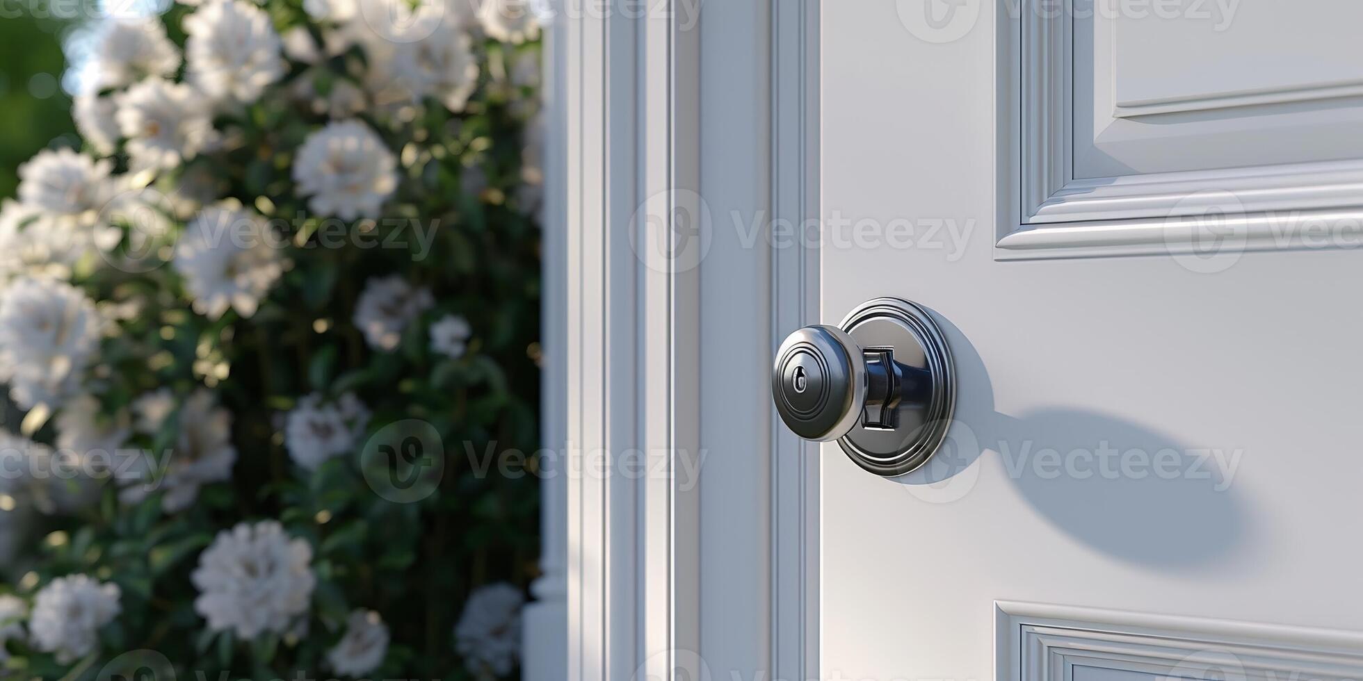 AI Generated Wooden door with doorknob on blurred background photo