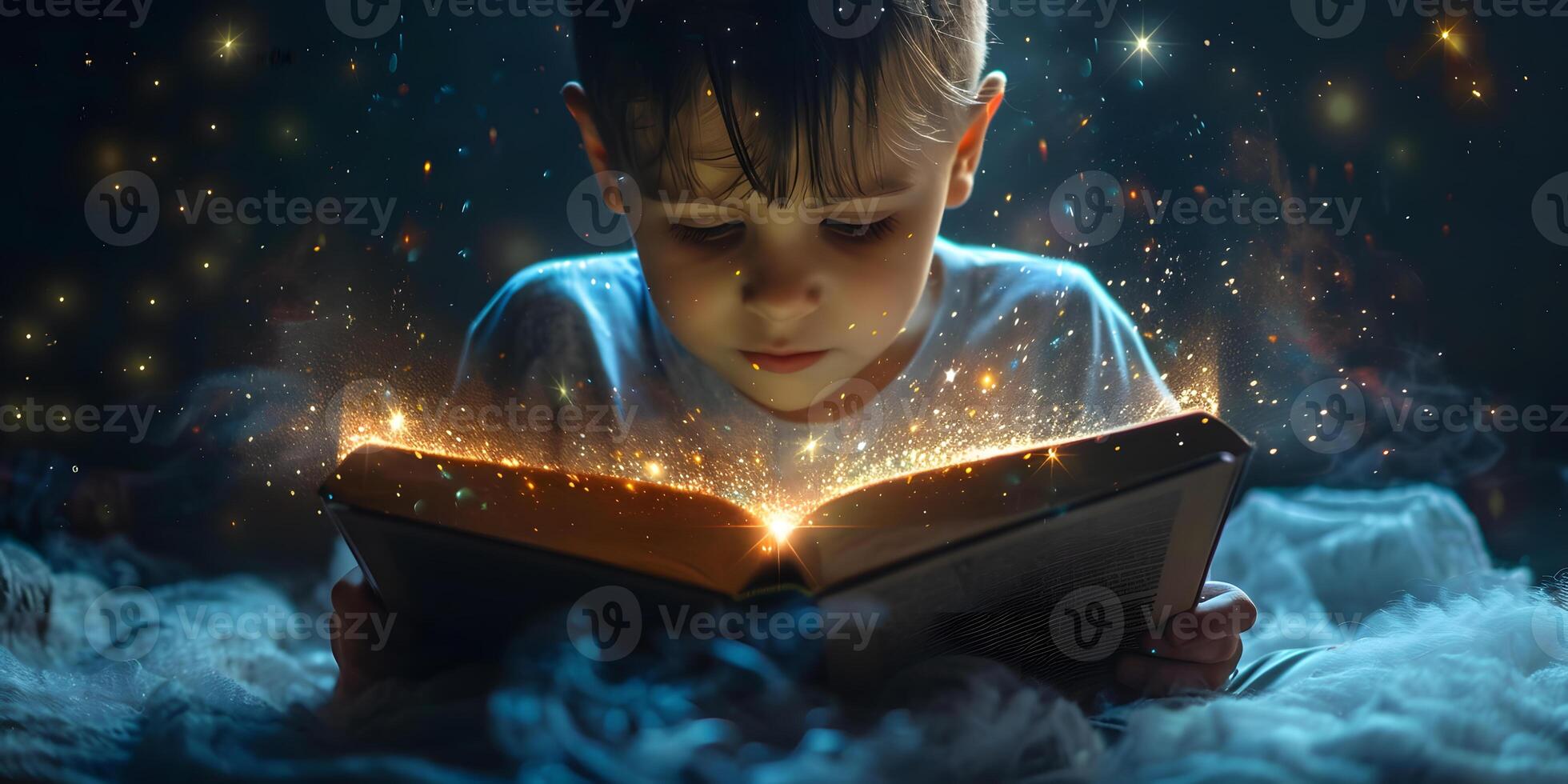 AI Generated Cute little boy reading magic book on dark background photo