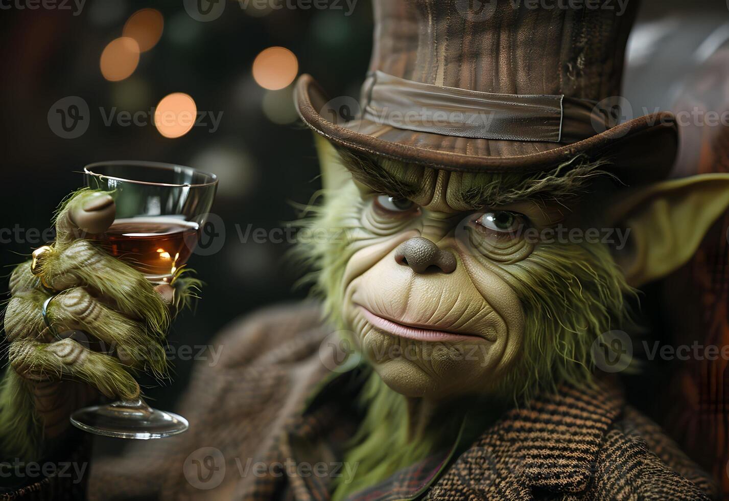 AI Generated  grinch is holding a wine photo