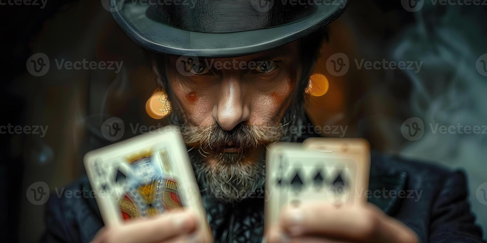 AI Generated Magician show with playing cards. On grey background photo