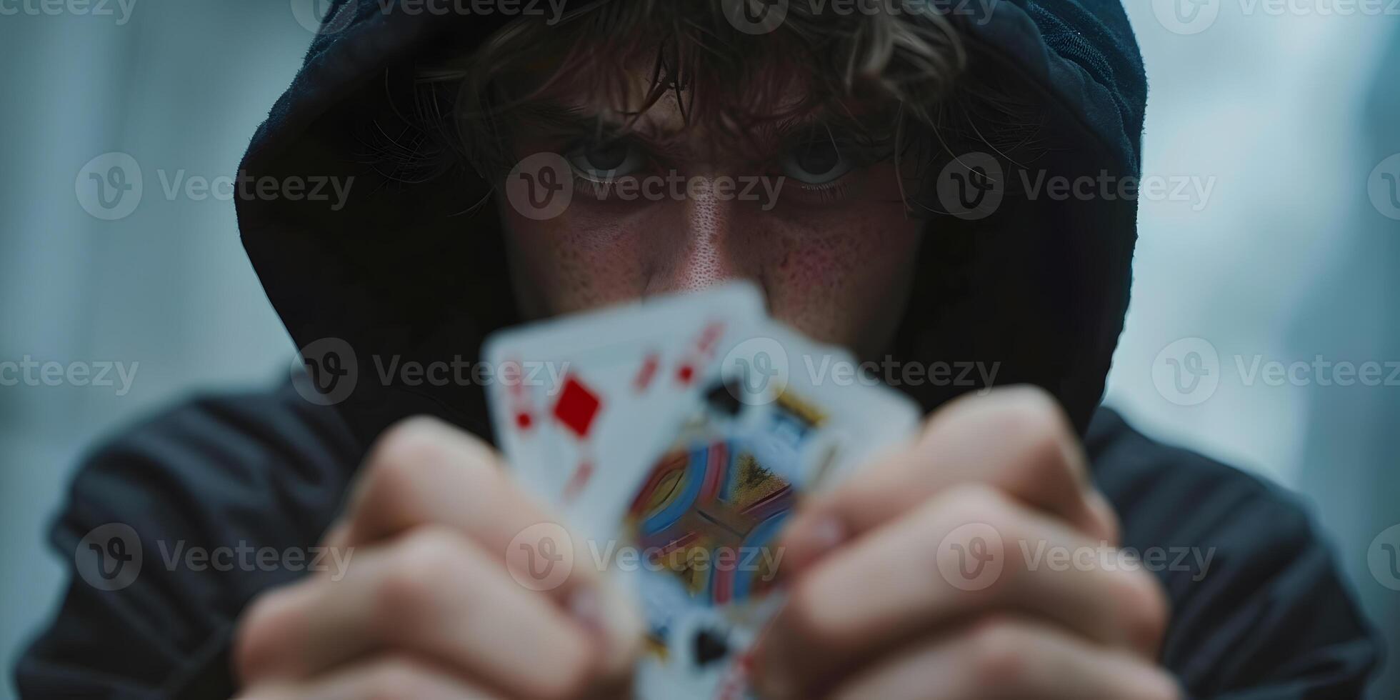 AI Generated Magician show with playing cards. On grey background photo