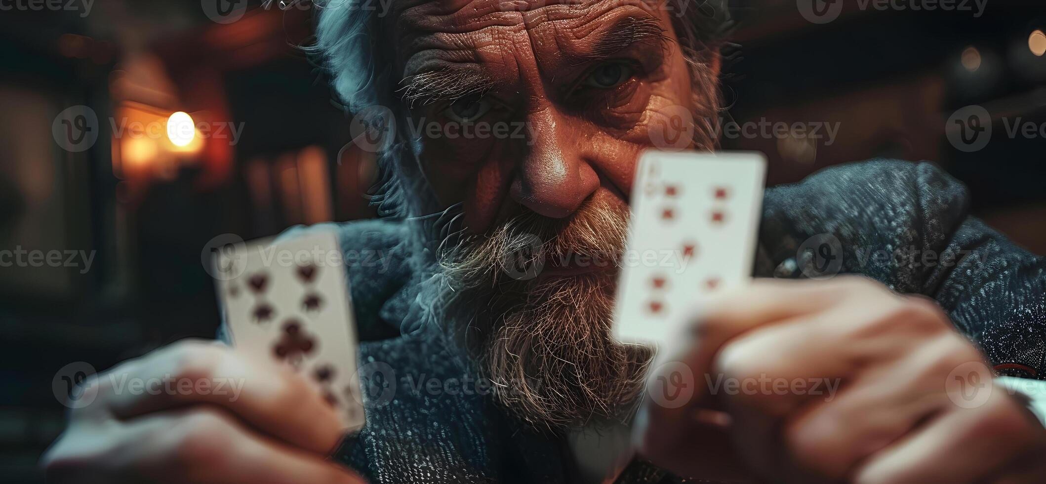 AI Generated Magician show with playing cards. On grey background photo