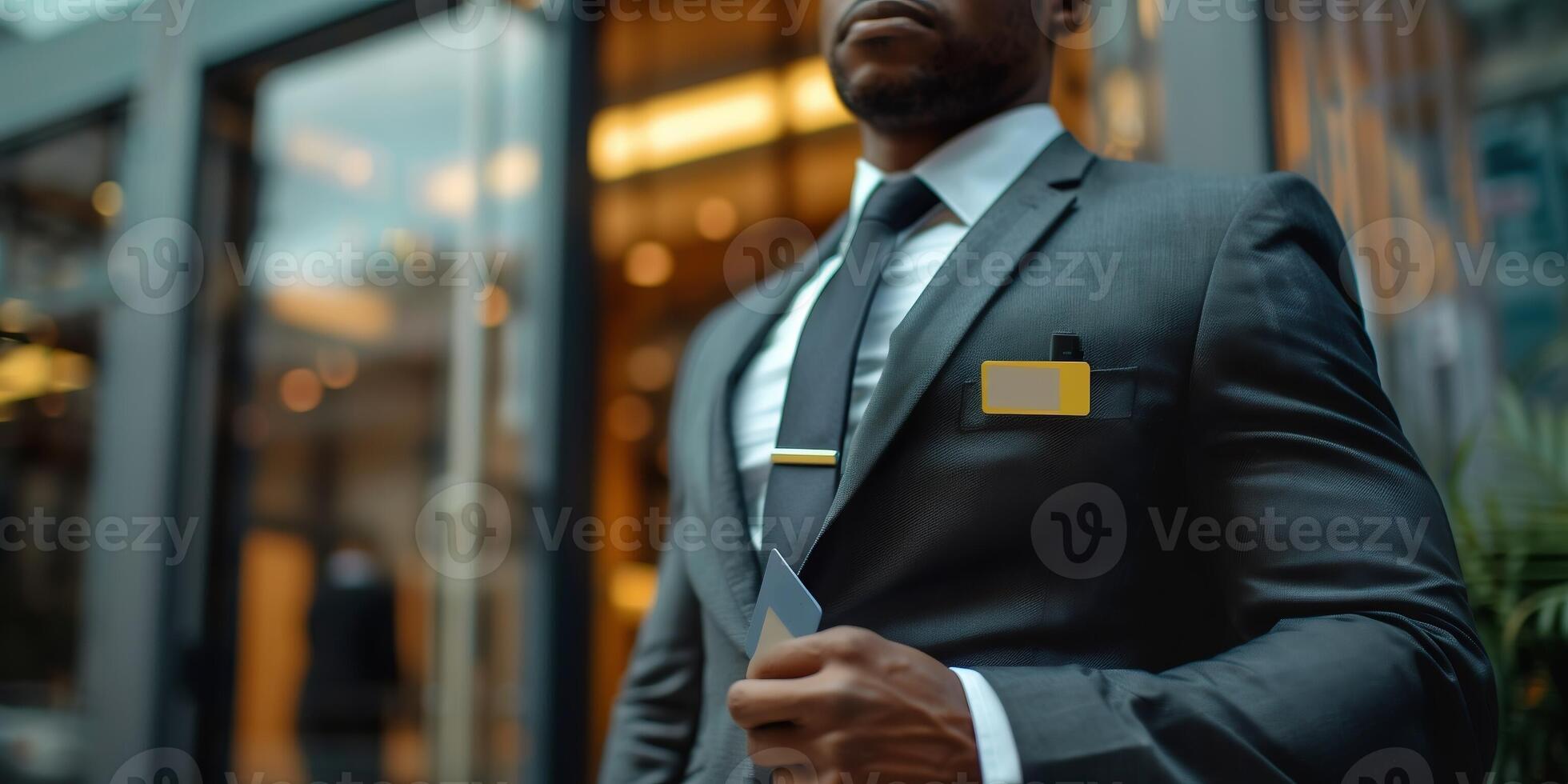 AI Generated Young 35s businessman in elegant formal suit using pass card to open entrance automatic gates inside modern office building. Door access control keypad with keycard reader in contemporary photo