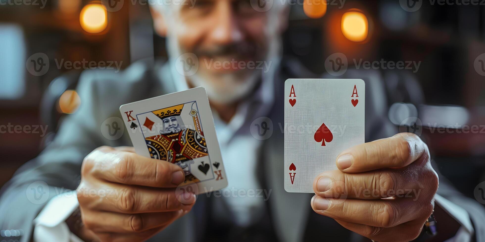 AI Generated Magician show with playing cards. On grey background photo