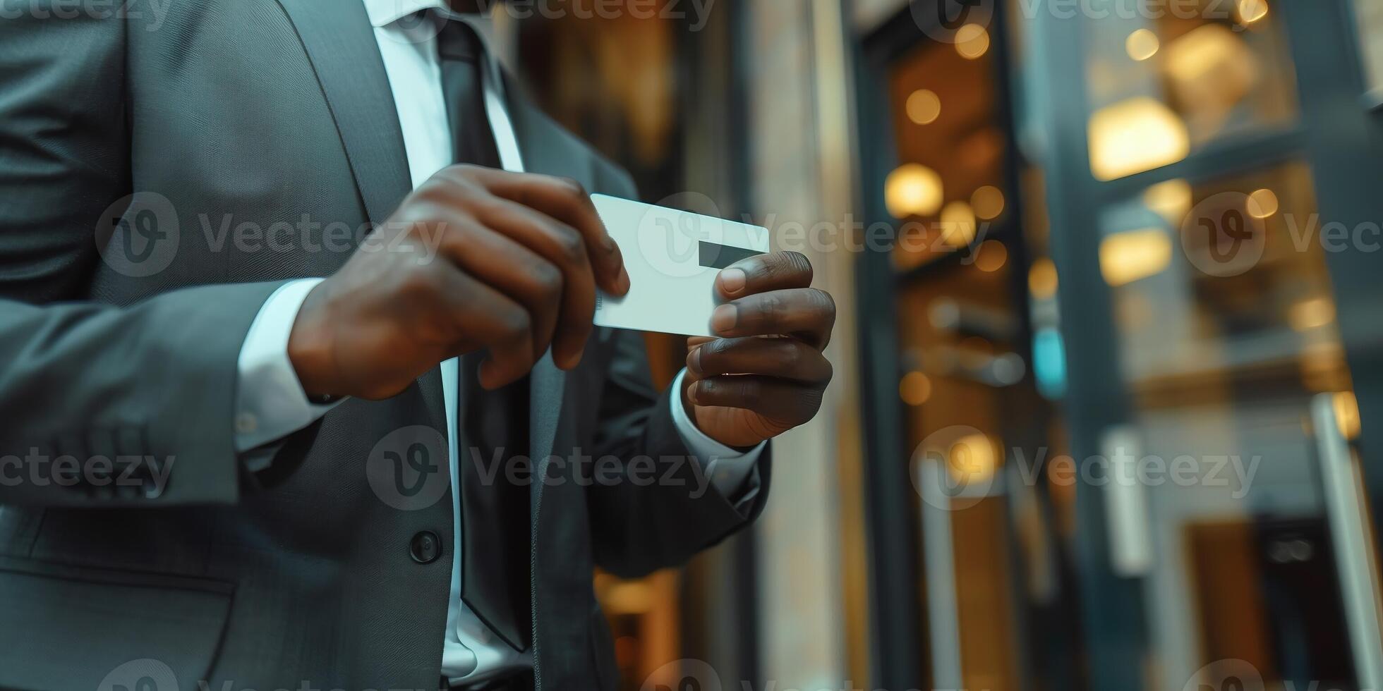 AI Generated Young 35s businessman in elegant formal suit using pass card to open entrance automatic gates inside modern office building. Door access control keypad with keycard reader in contemporary photo