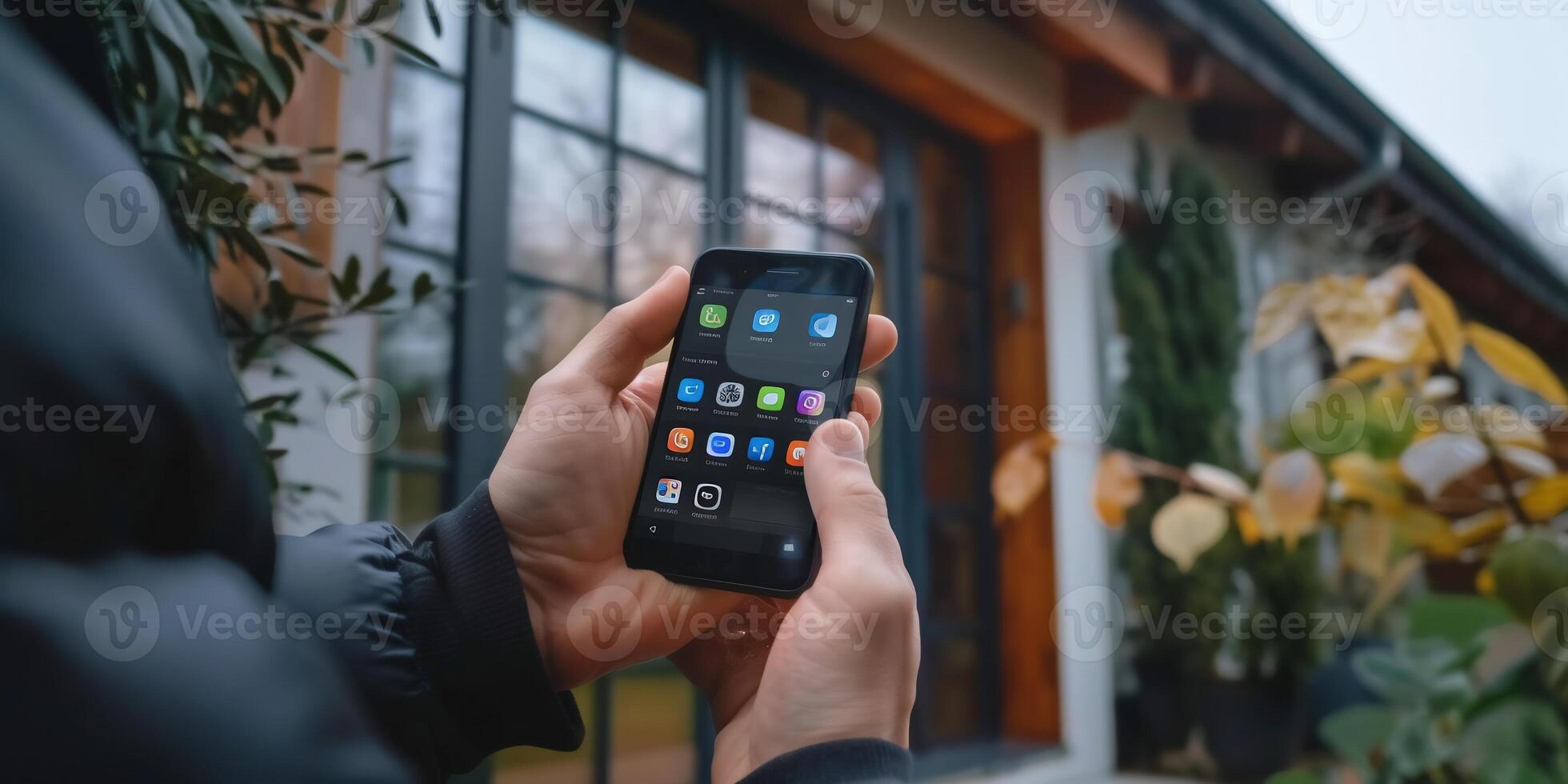 AI Generated smart house, home automation, device with app icons. Man uses his smartphone with smarthome security app to unlock the door of his house. photo