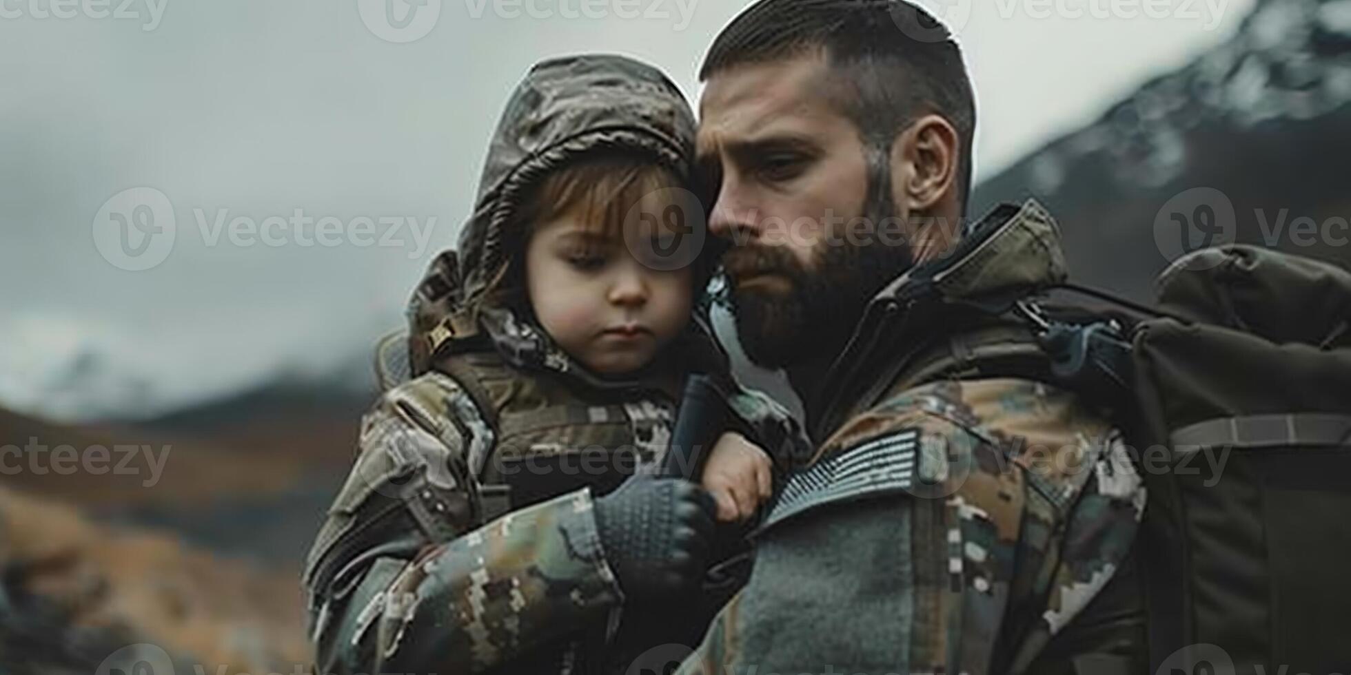 AI Generated Soldier and children on battlefield background. Military and rescue operation concept. photo