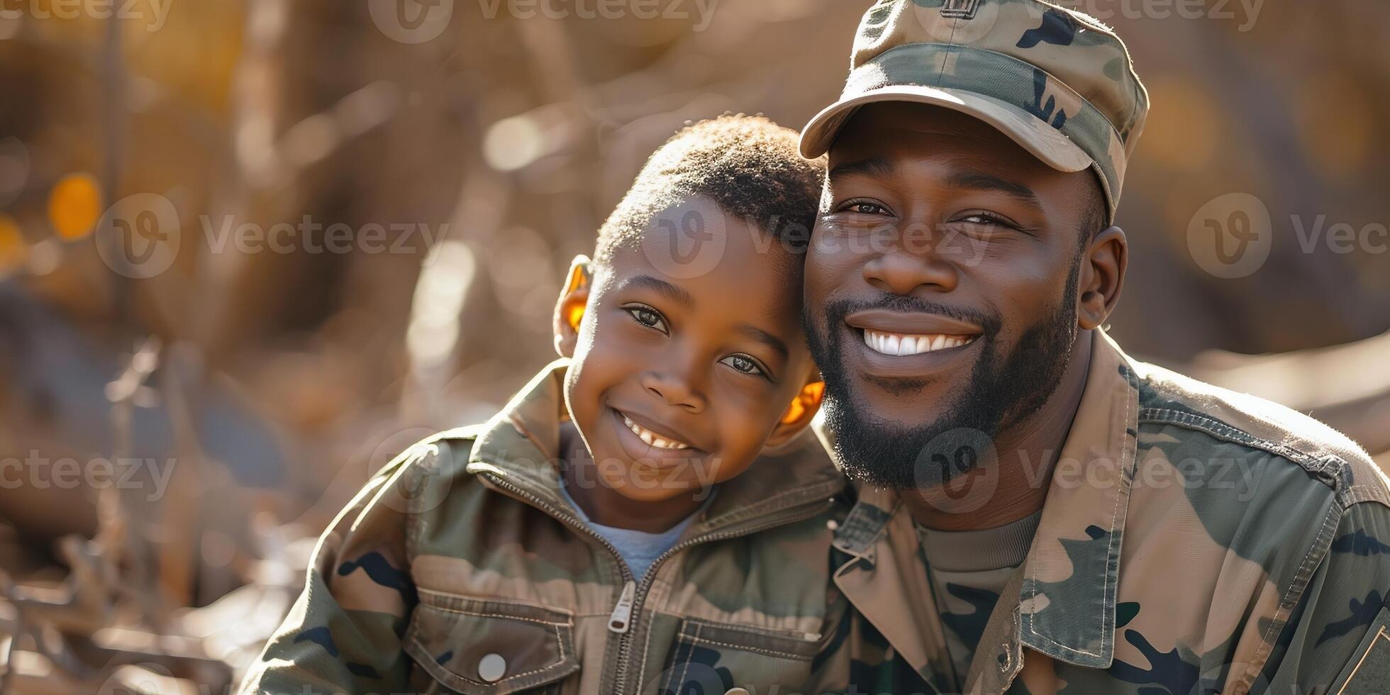 AI Generated Happy military dad meeting with little son after mission trip, holding boy in arms and smiling. Family reunion or returning home concept photo