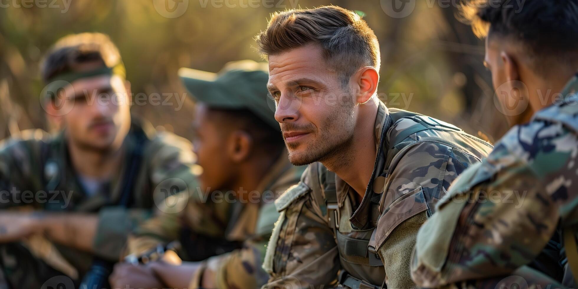 AI Generated  strong,sexy,naked soldiers with fit bodies in army clothes and weapons.Horizontal view on the military tank background. photo