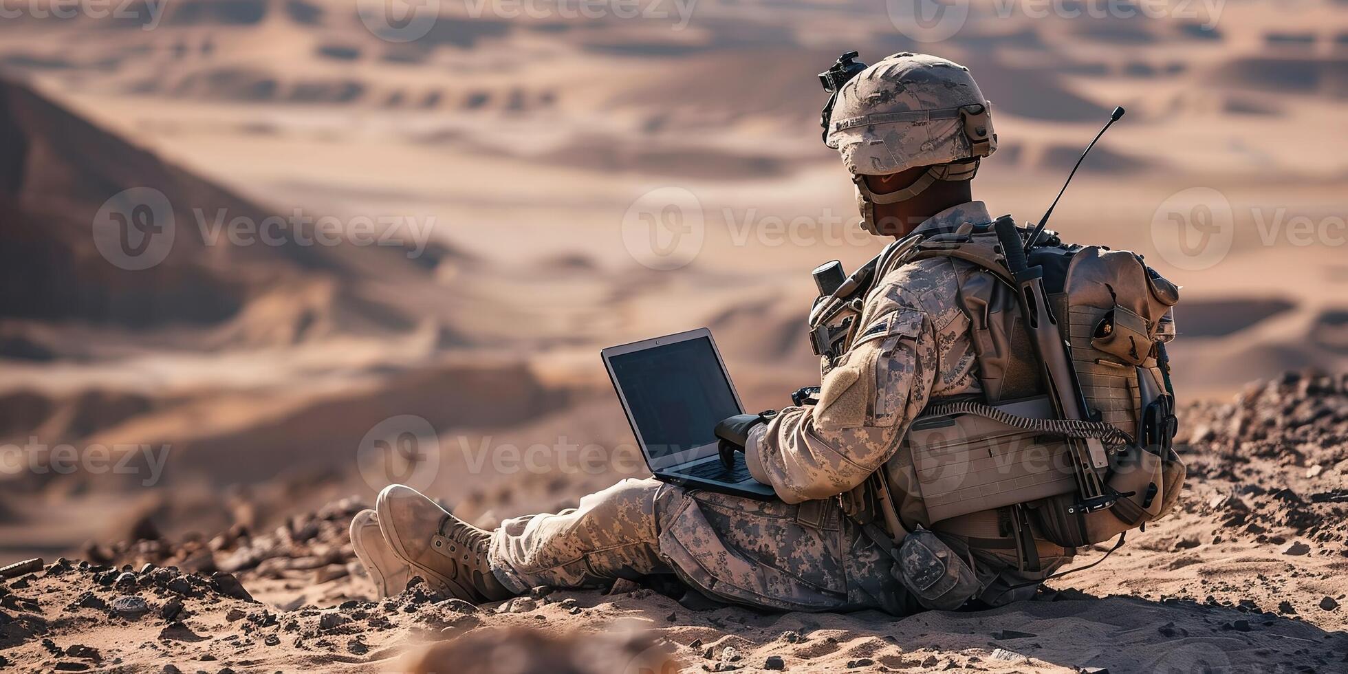 AI Generated Concentrated young programmer soldier sitting on ground and working with laptop while analyzing army route photo