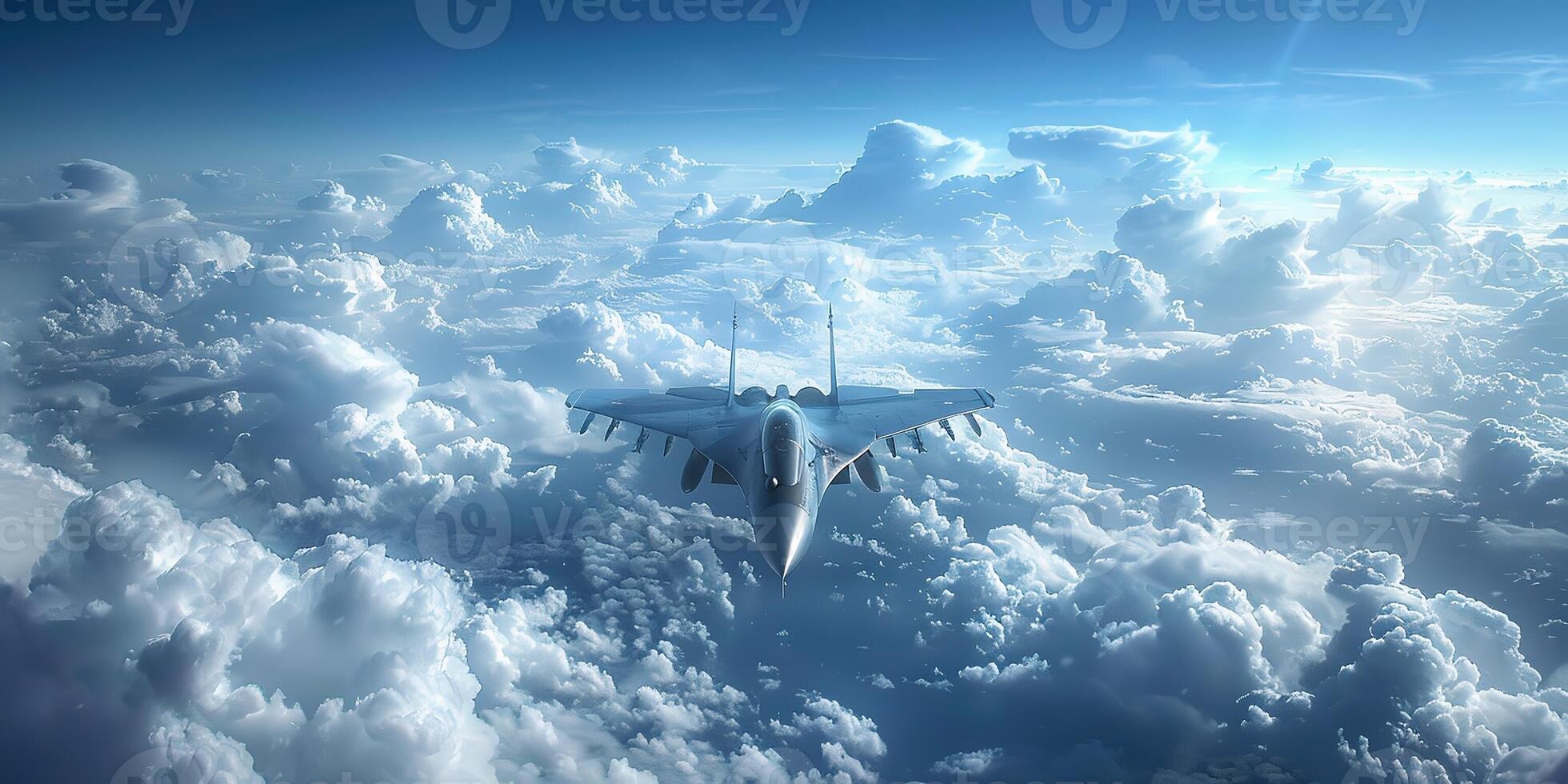 AI Generated Military jet fighter plane flying above cloudy sky photo
