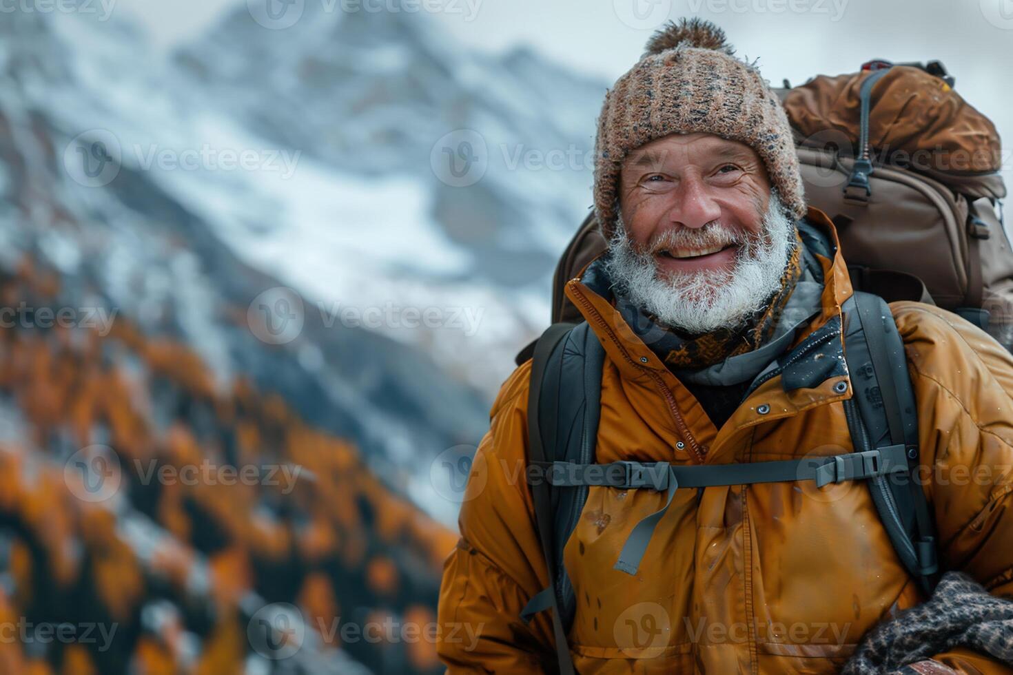 AI Generated Closeup of young man with snowy beard in the mountains photo