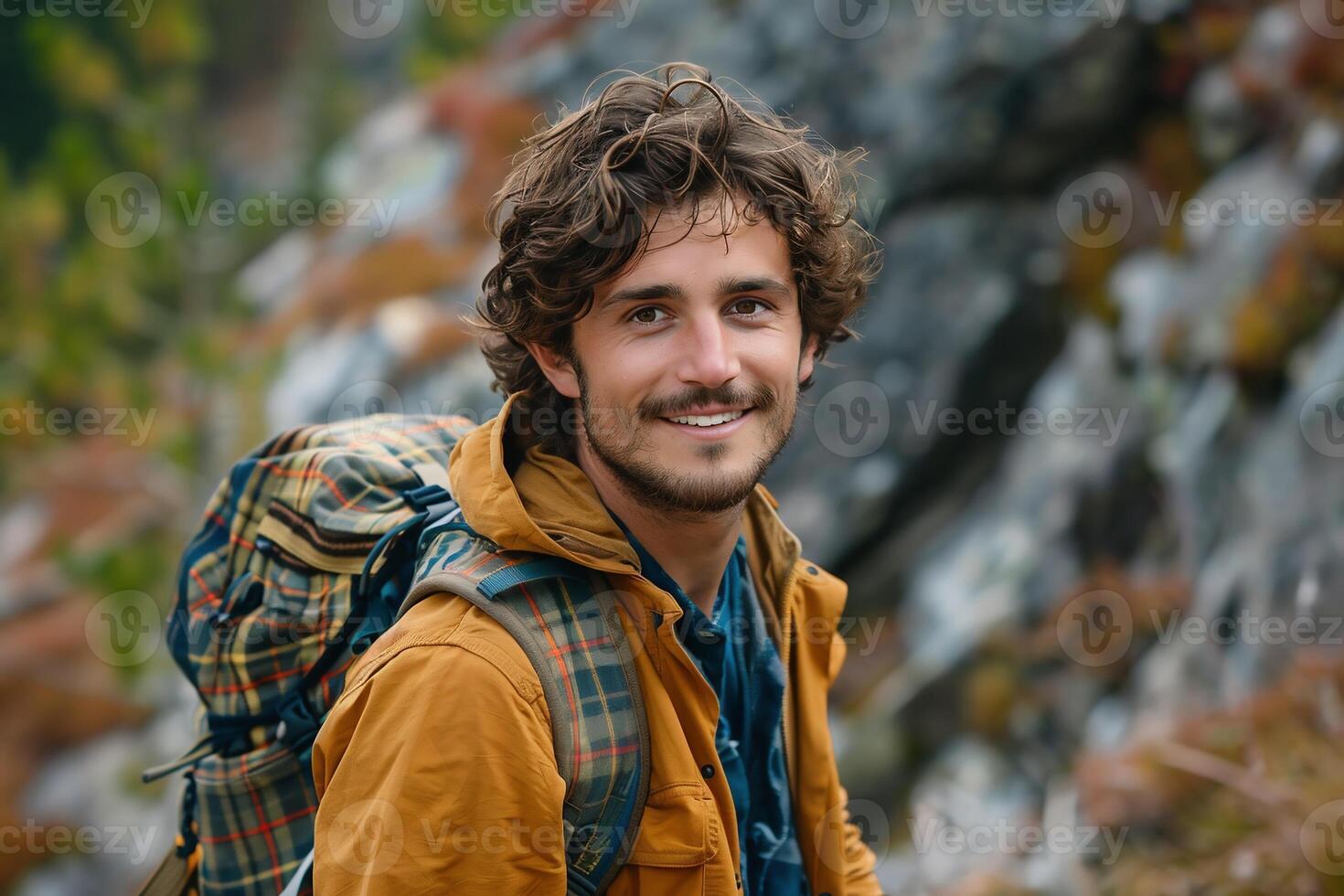 AI Generated Young caucasian man traveler with big backpack hiking in the mountains photo
