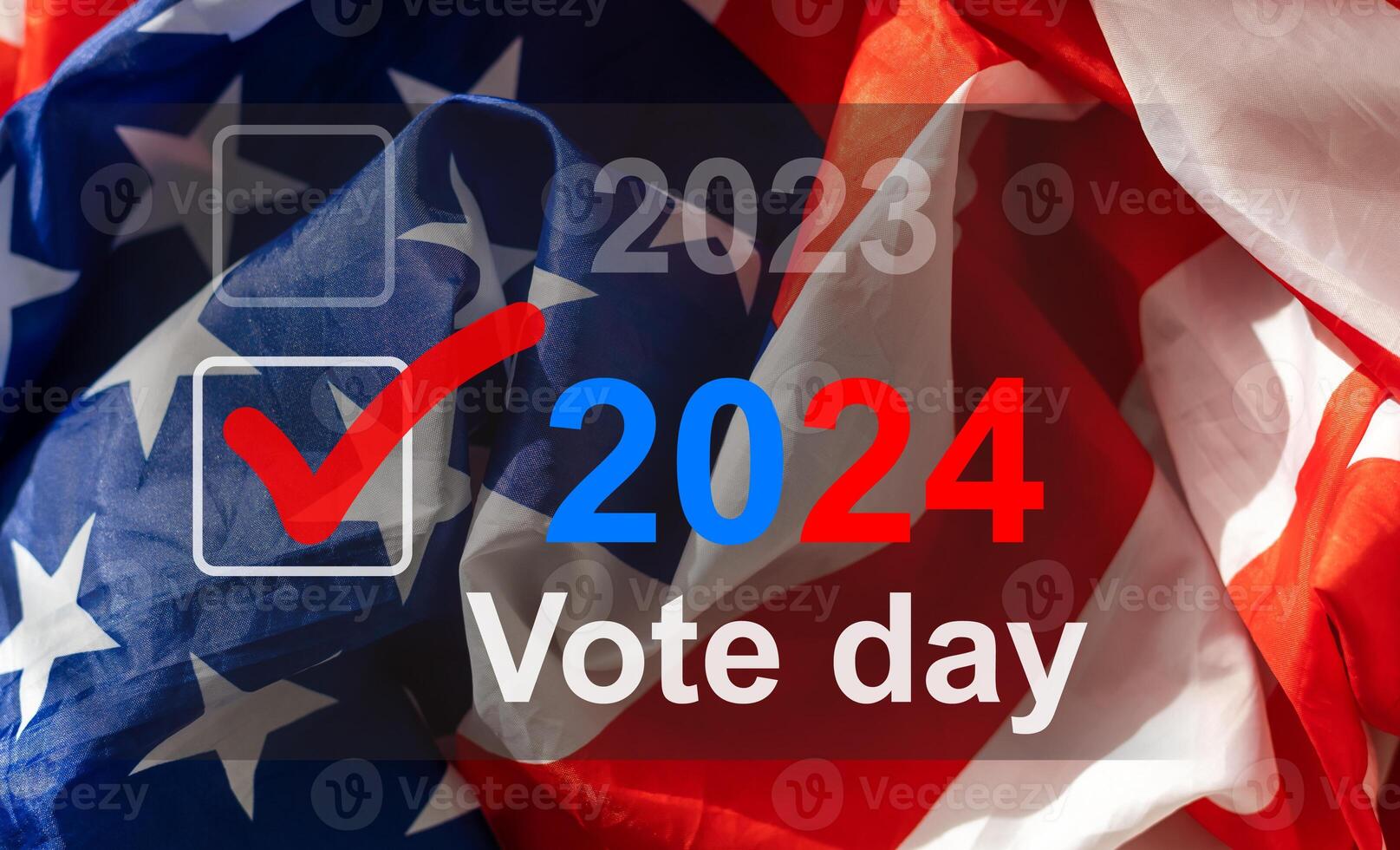 2024 presidential election year in United States as illustration template on blue background wall with reflection. photo