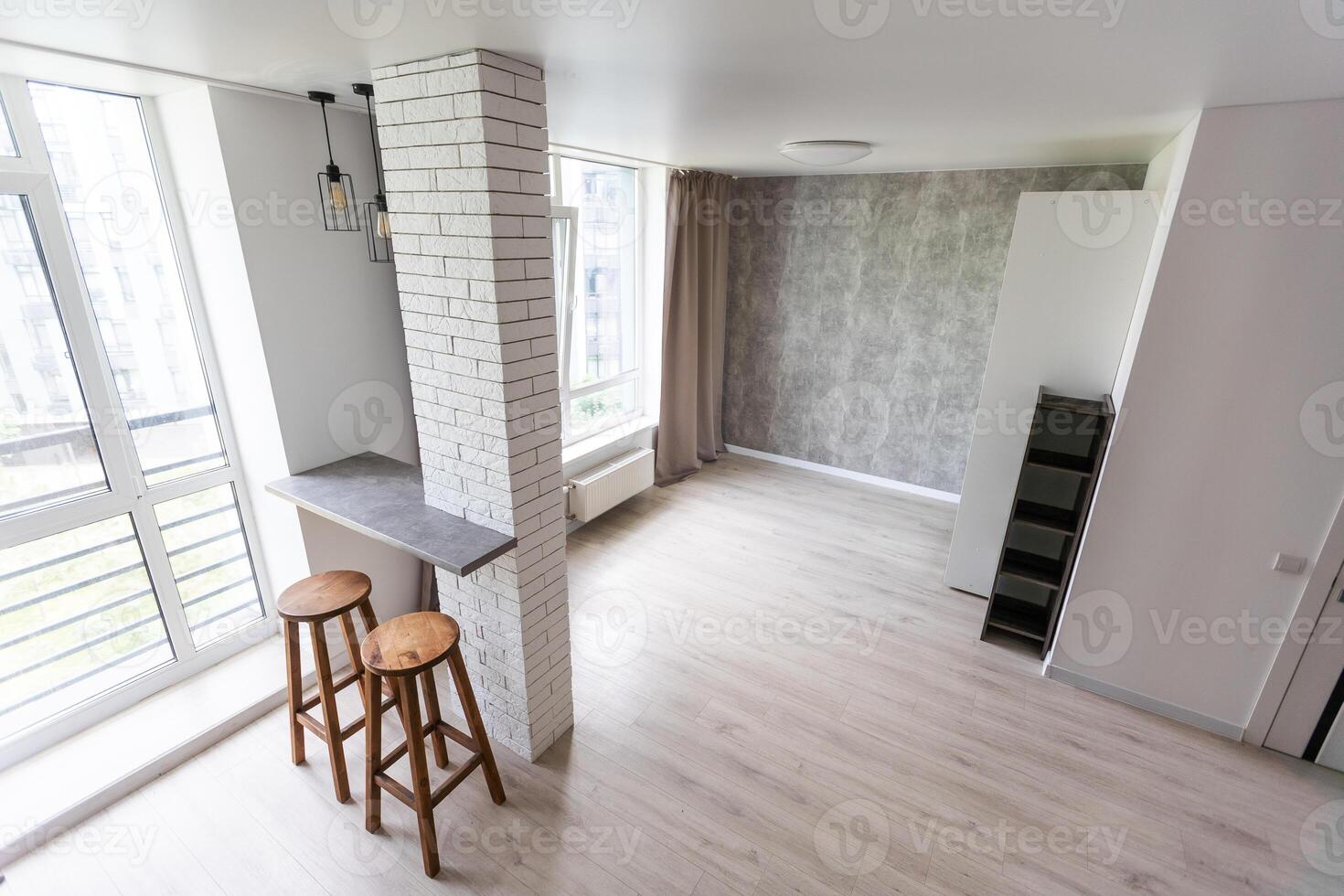 Interior of modern luxury apartment, empty attic, kitchen open space. photo