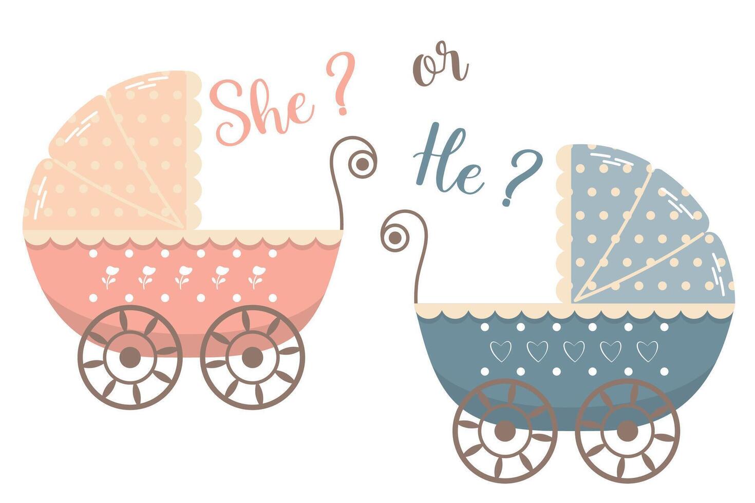 Gender reveal party Girl or Boy He or She Baby Pram Flat Style vector