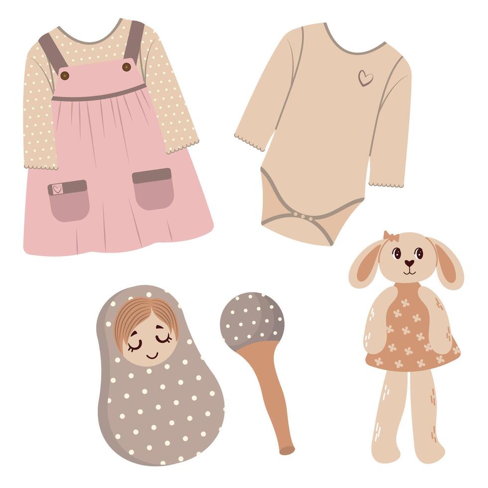 conjunto de bebé ropa y juguetes vestido de verano vestir muñeca marakase plano estilo vector