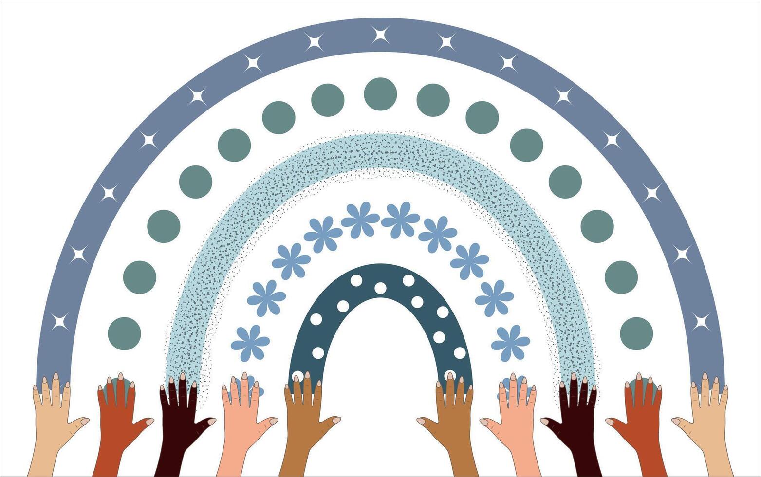 International Day of Tolerance People of different skin colors touching the rainbow vector