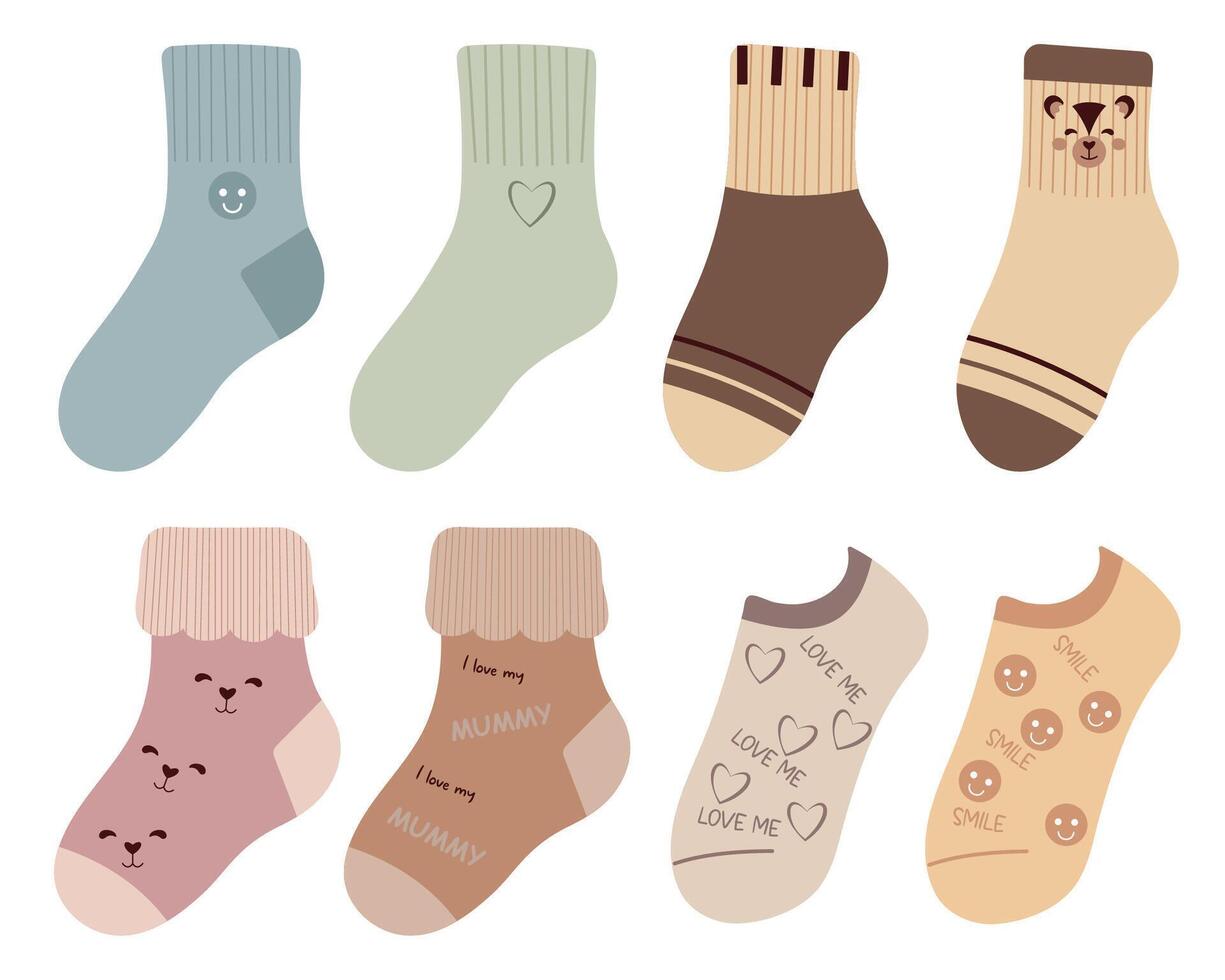 Kids summer socks with cute cartoon style print Pastel colours vector