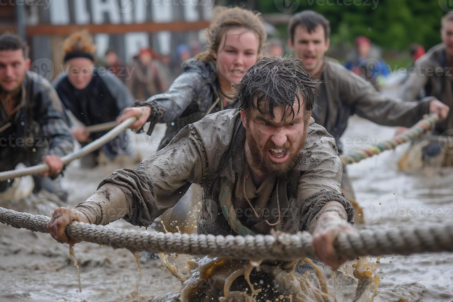 AI Generated Run race, people were engaged in sports activities. Overcoming various obstacles and running. photo