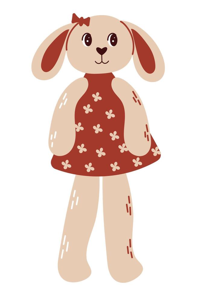 Bunny doll in red dress Cute plush toy Flat style vector