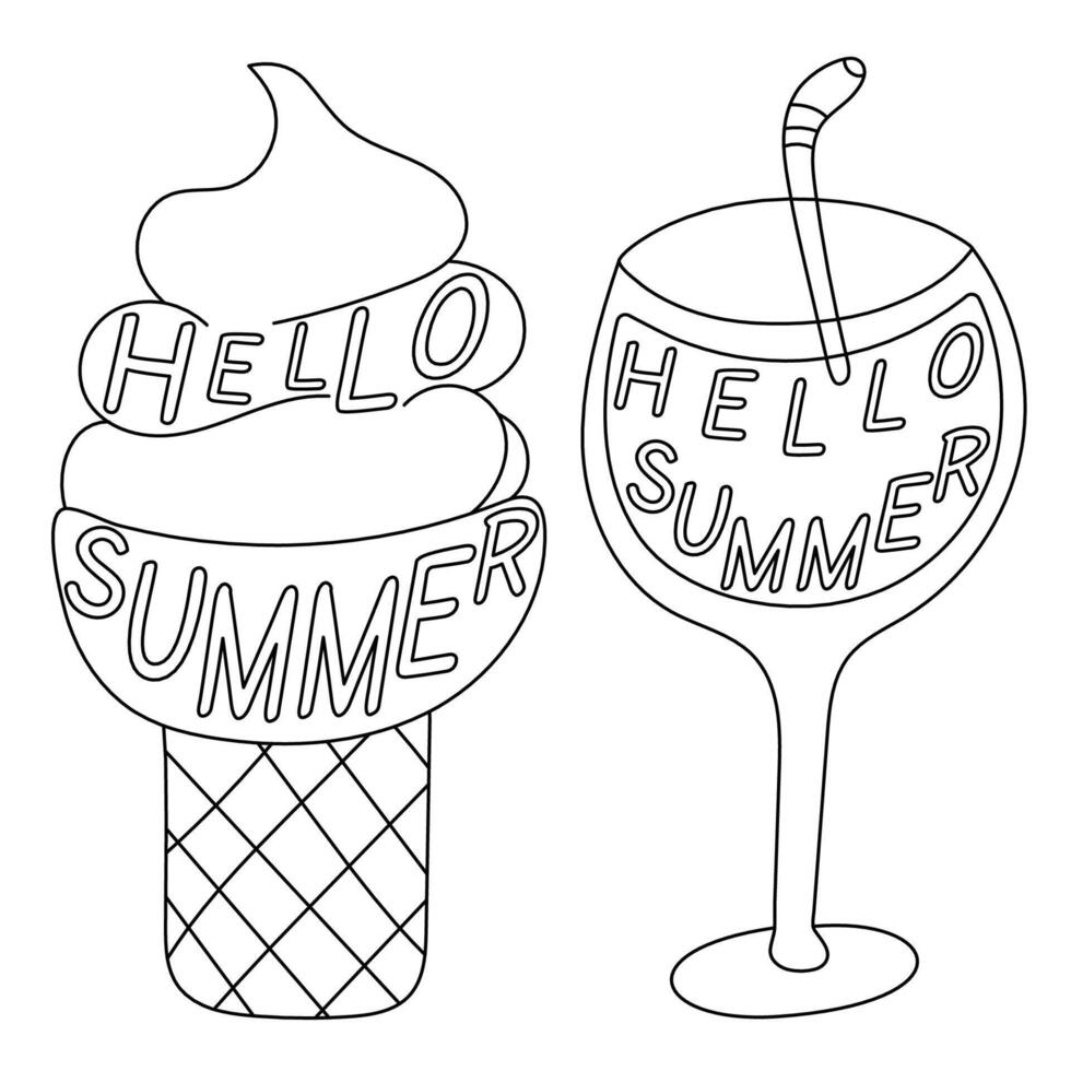 Style black outline Ice cream cone and cocktail with the words Hello Summer On white background vector