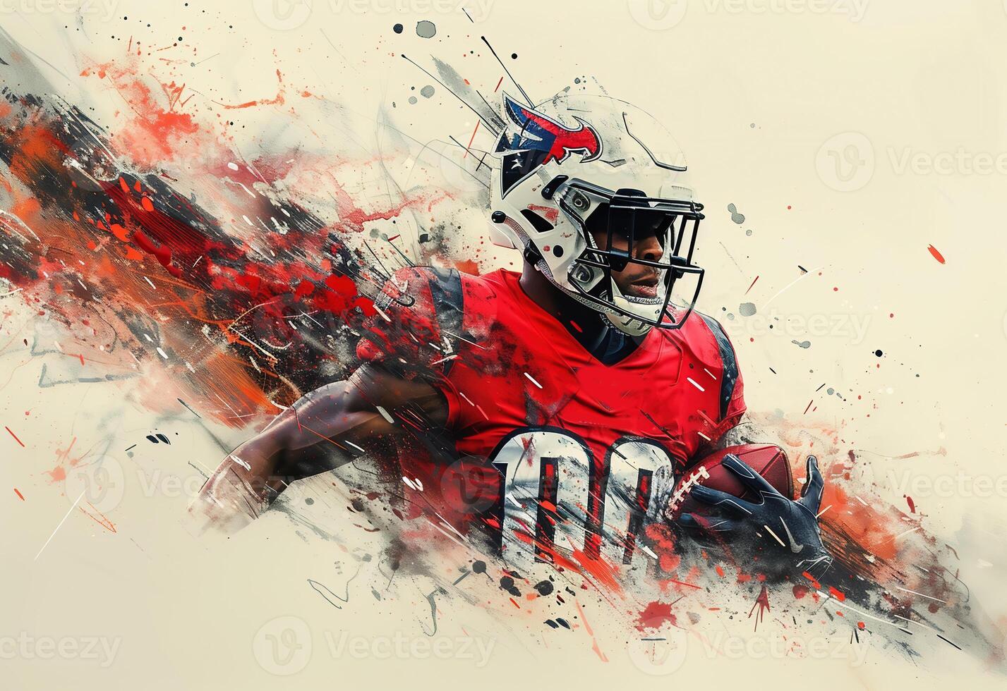 AI Generated Drawing of an NFL player with a ball and a helmet on a colored background. For your design photo