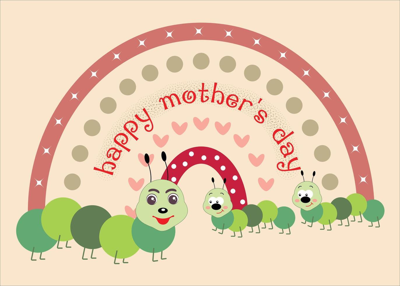 Happy Mother's Day Bright rainbow and cute caterpillar family flat style vector