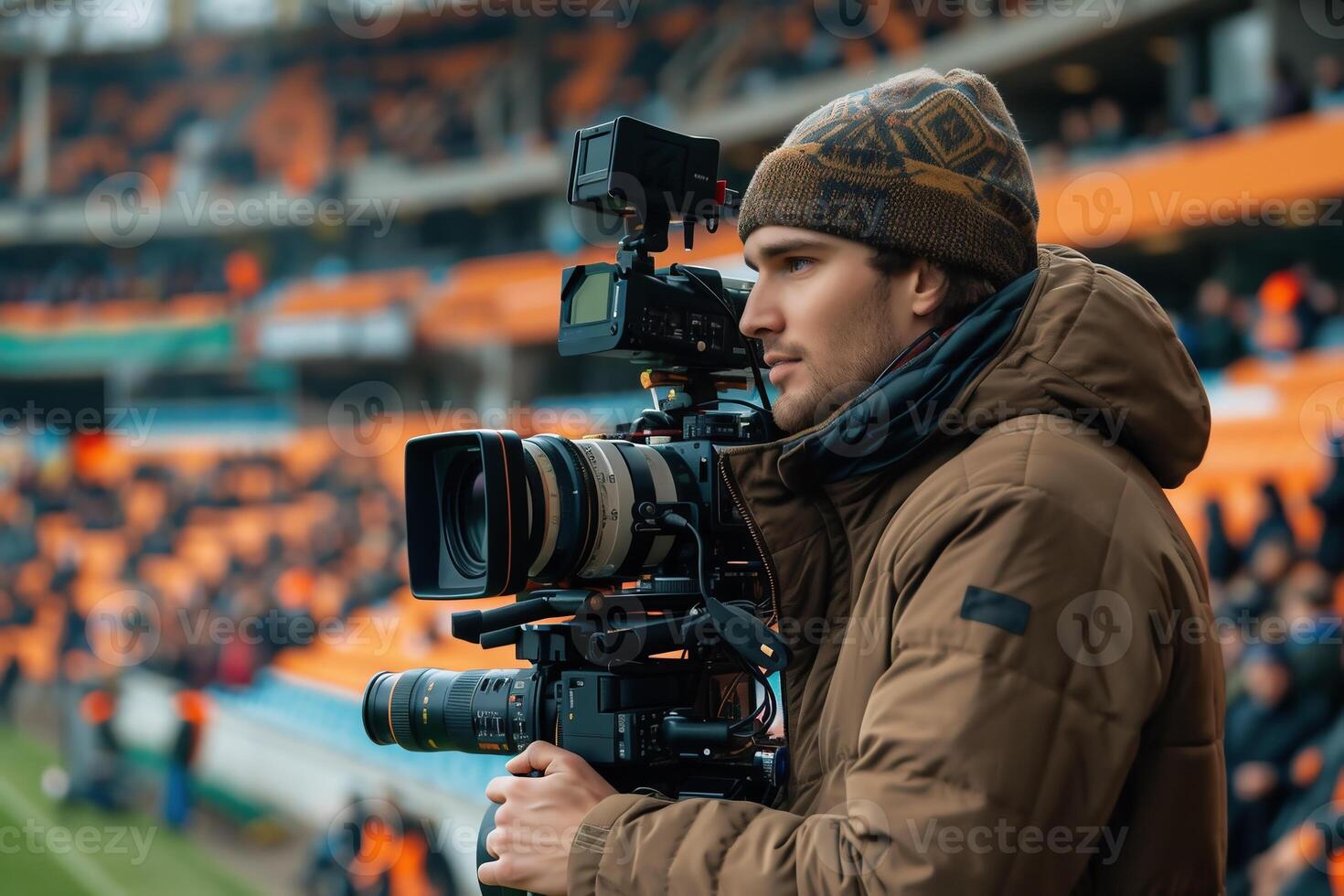 ai generado televisión cámara a el estadio durante fútbol americano partidos. televisión cámara durante el fútbol partido foto