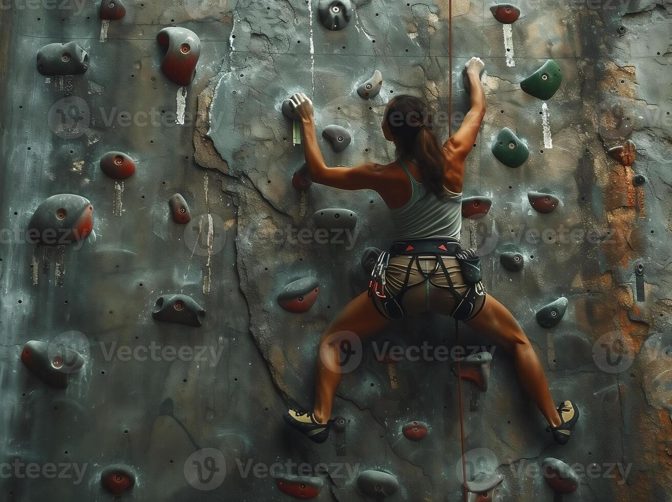 AI Generated woman with safety rope doing sport climbing at a mountain wall photo