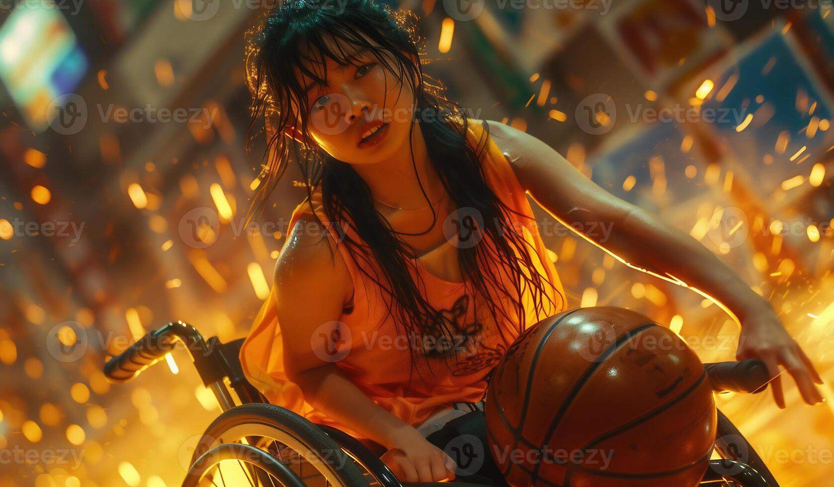 AI Generated Young woman sitting in wheelchair holding basketball in park. Hope concept photo