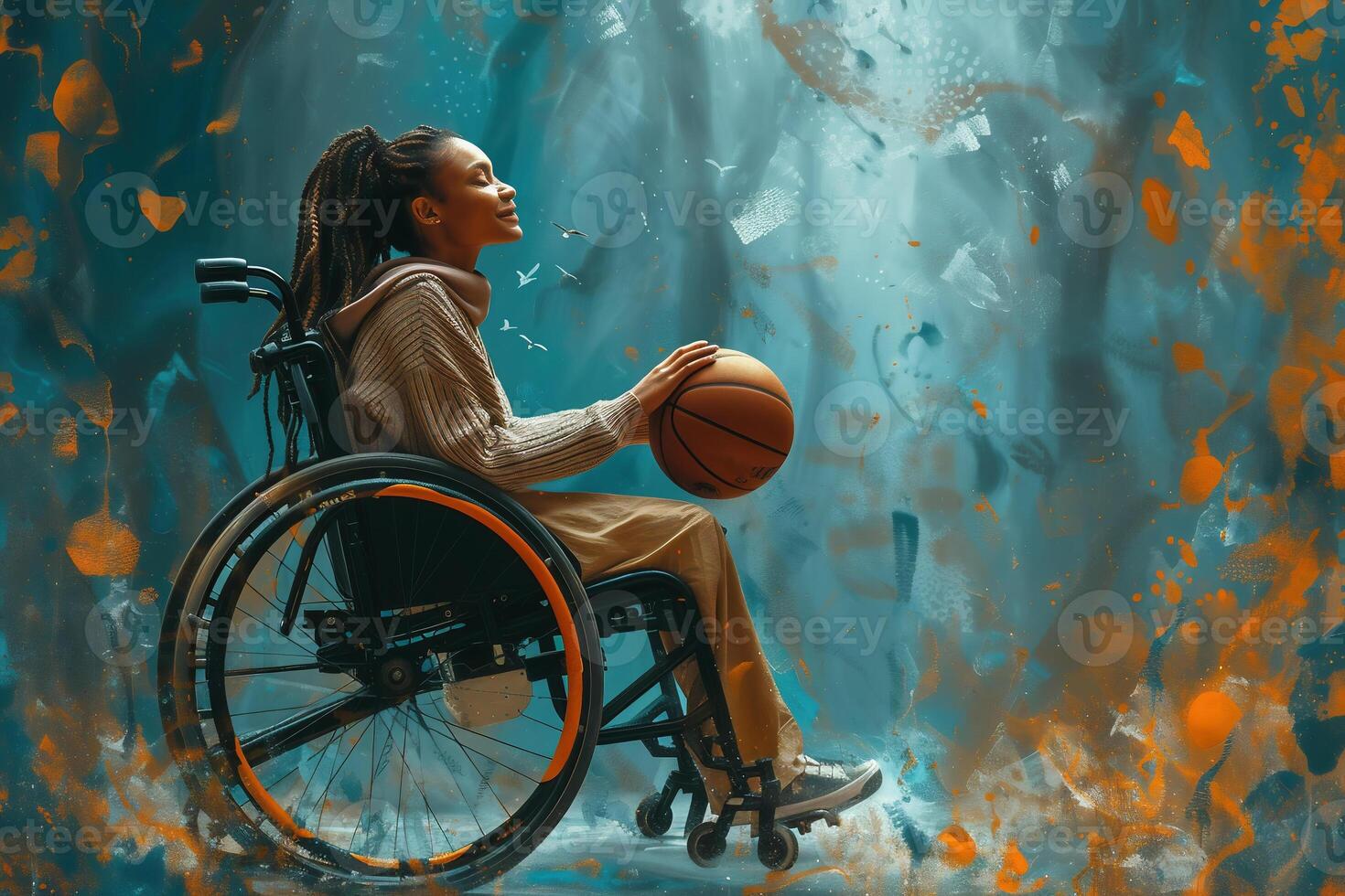 AI Generated Young woman sitting in wheelchair holding basketball in park. Hope concept photo