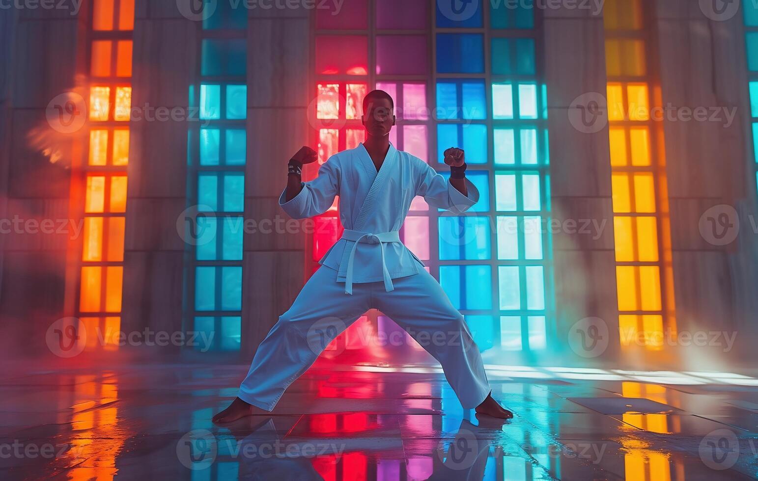 AI Generated coach of karate, man, fighter or athlete posing in fighting stance with fists in white kimono, suit, with belt on beige wall. Martial art and energy photo