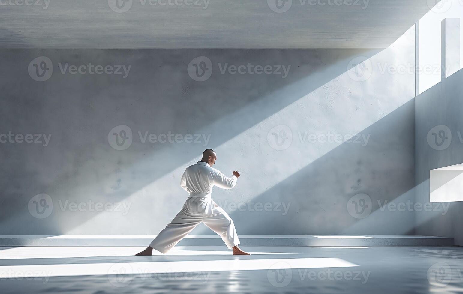 AI Generated coach of karate, man, fighter or athlete posing in fighting stance with fists in white kimono, suit, with belt on beige wall. Martial art and energy photo