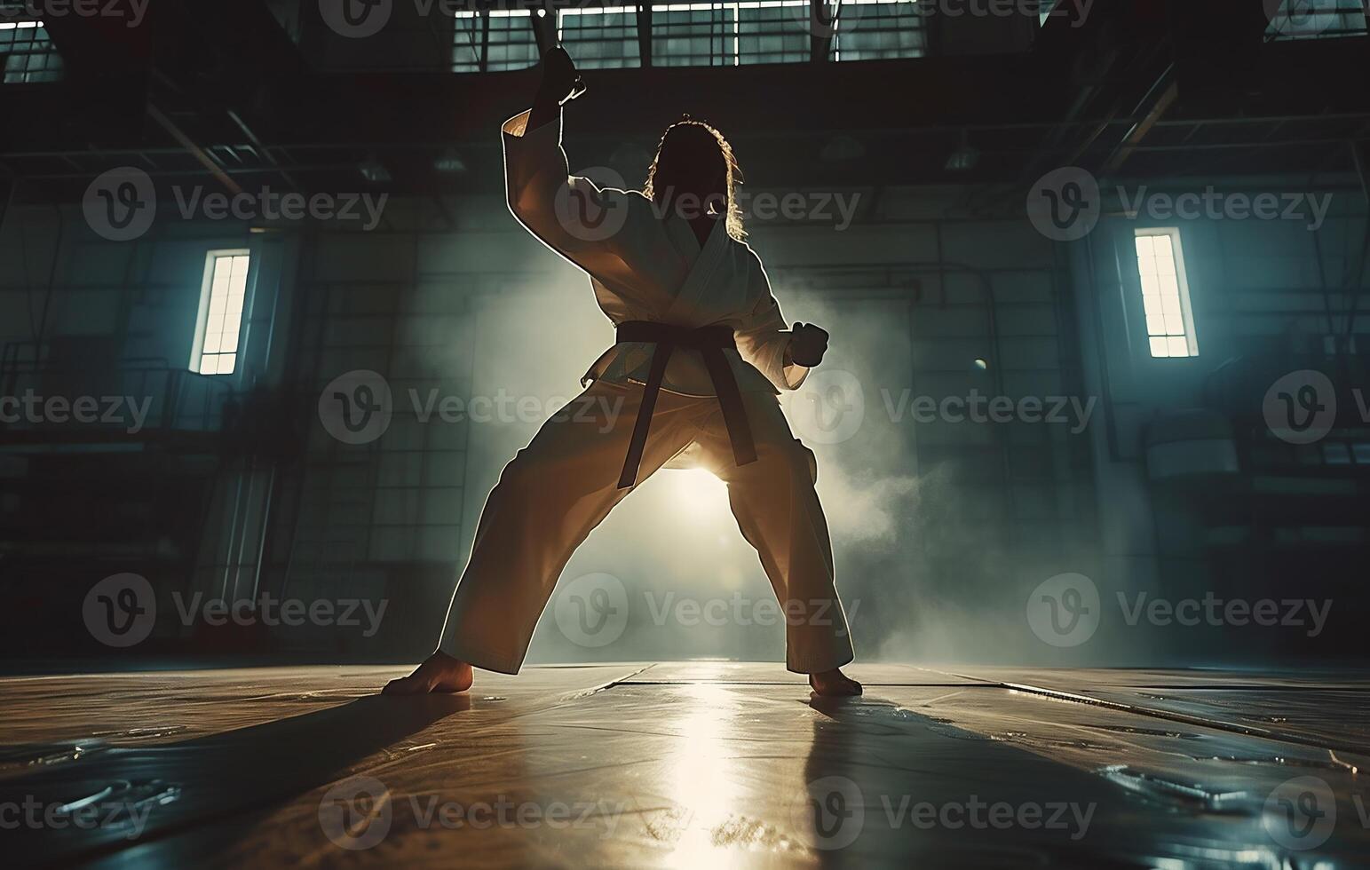 AI Generated coach of karate, man, fighter or athlete posing in fighting stance with fists in white kimono, suit, with belt on beige wall. Martial art and energy photo