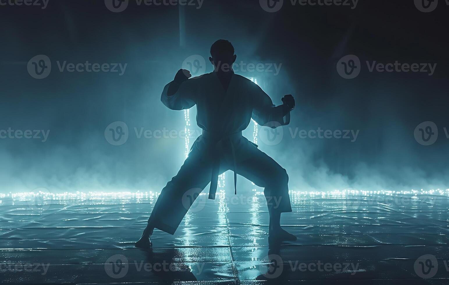 AI Generated coach of karate, man, fighter or athlete posing in fighting stance with fists in white kimono, suit, with belt on beige wall. Martial art and energy photo