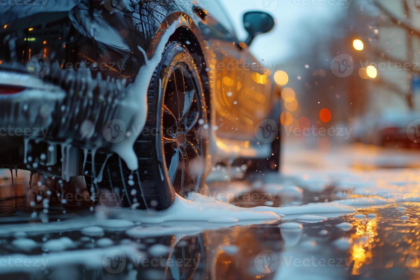 AI Generated Car washing machine. Auto brush washer clean blue car on automatic carwash station. Automated car washing machine background photo