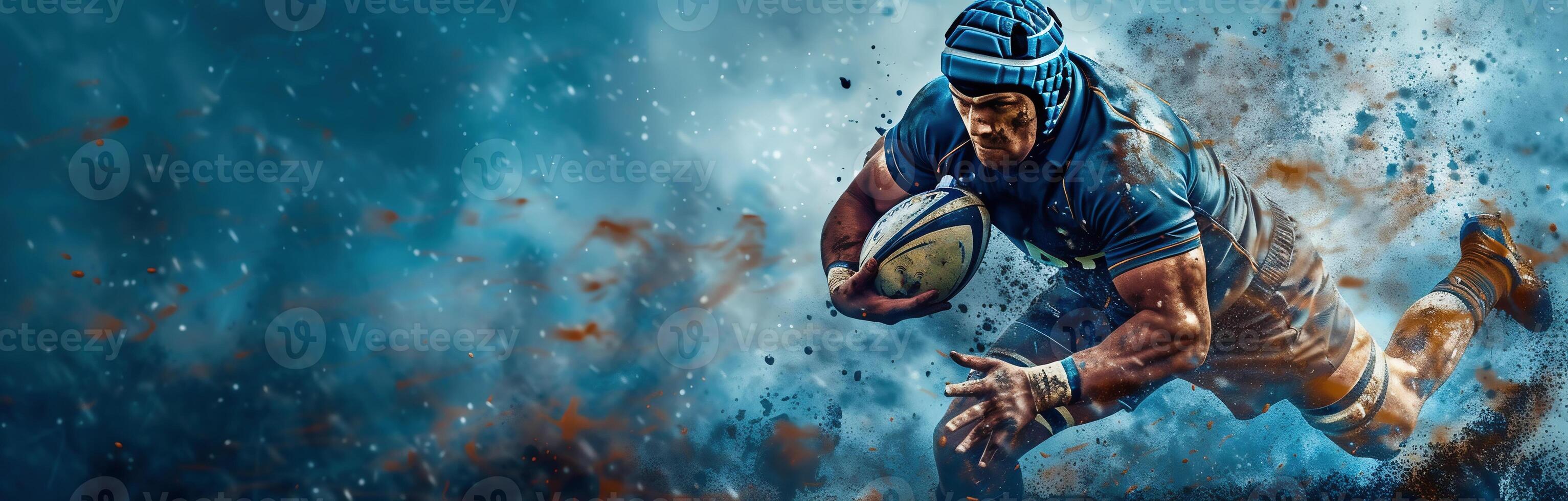 AI Generated Man rugby player holds ball on dark background. Sports banner. Horizontal copy space background photo