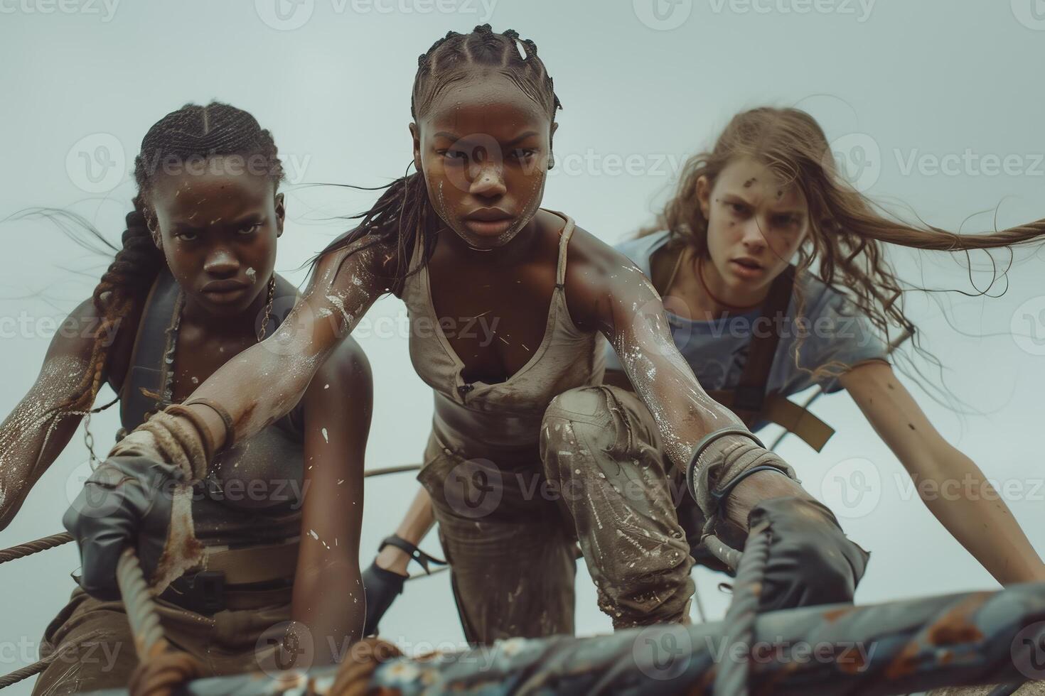 AI Generated  picture young beautiful aggressive group of woman run , knife, weapon inside ruins of old abandoned building photo