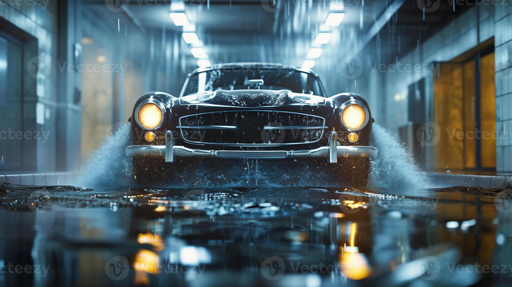 AI Generated Car washing machine. Auto brush washer clean blue car on automatic carwash station. Automated car washing machine background photo
