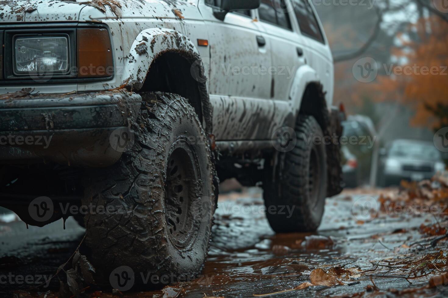 AI Generated SUV wheel stalled in mud and water. photo