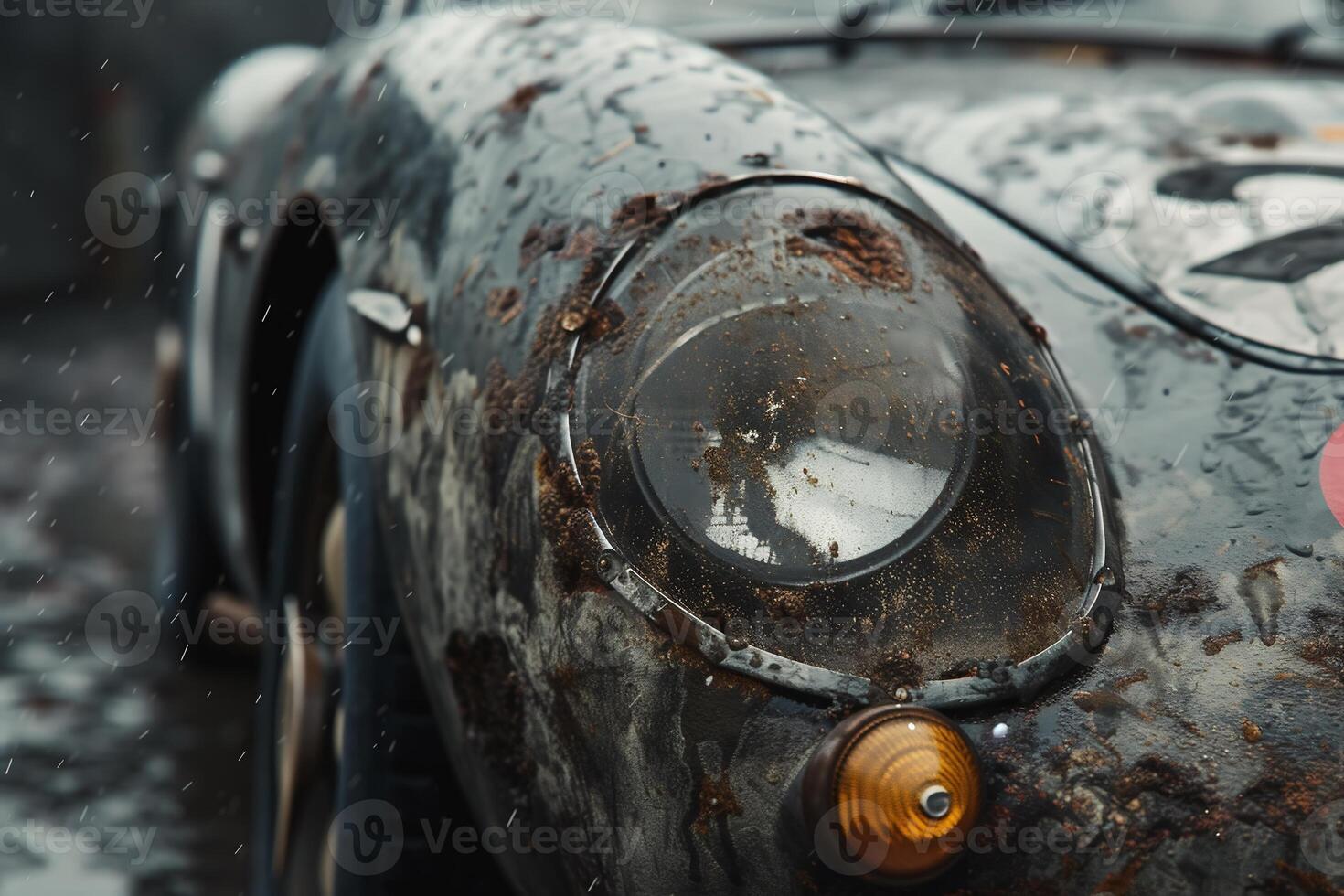 ai generado detalle de antiguo olvidado retro oxidado sucio coche estacionado en el calle con dañado pintar, polvoriento roto auto, oxidado naufragio, abandonado vehículo, grunge fondo, Clásico retro atrás, posterior ver foto